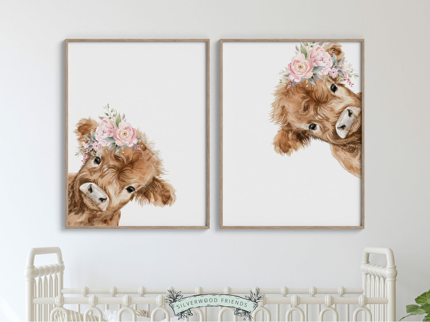 Peeking Highland Cow Nursery Print Set of 2, Highland Cow Nursery Decor, Watercolor Highland Cow Gift Kids Farm Bedroom Decor Digital Print