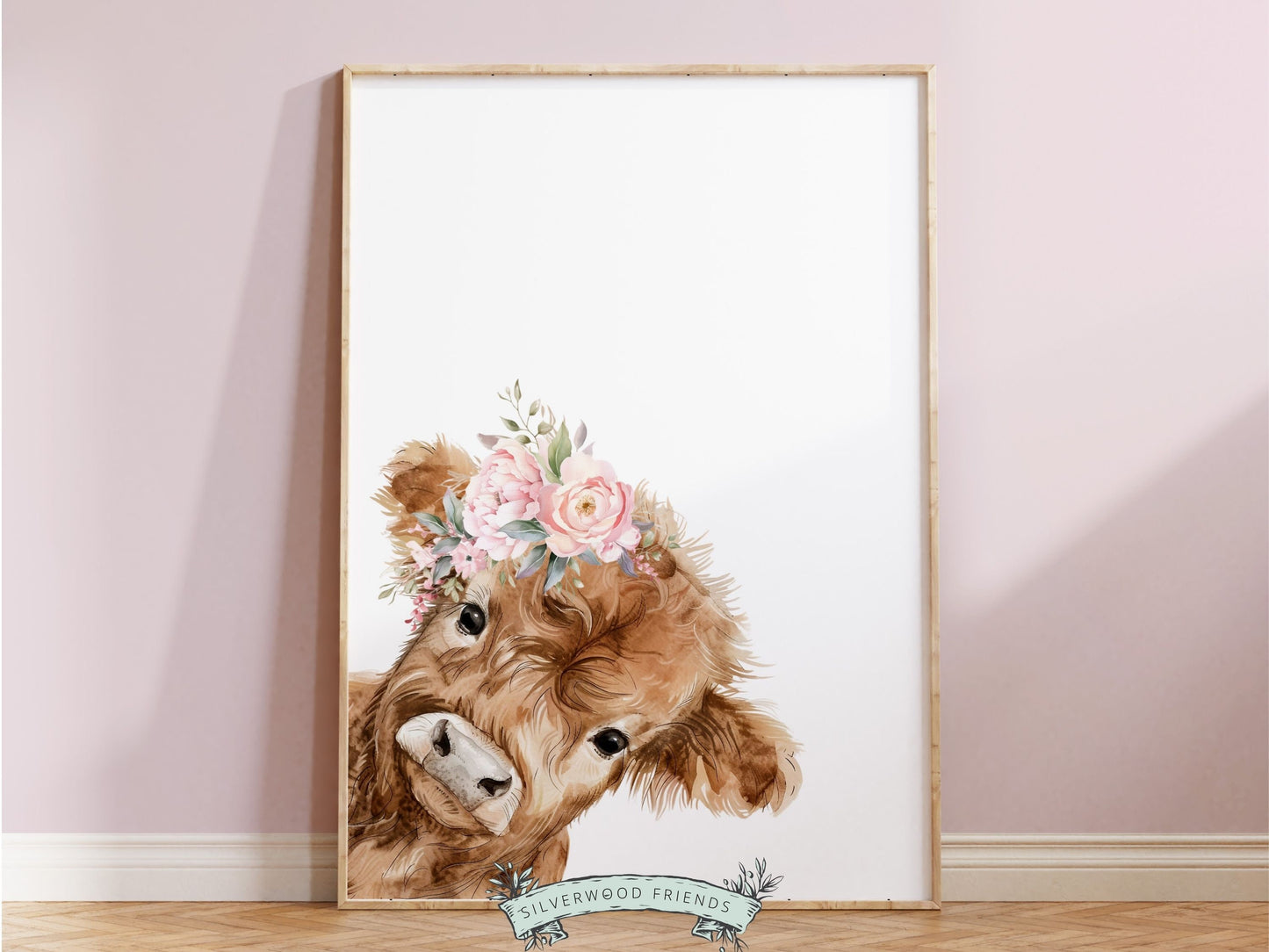 Peeking Highland Cow Nursery Print, Girl Highland Cow Nursery Decor, Baby Girl Watercolor Highland Cow Gift Farm Bedroom Decor Digital Print