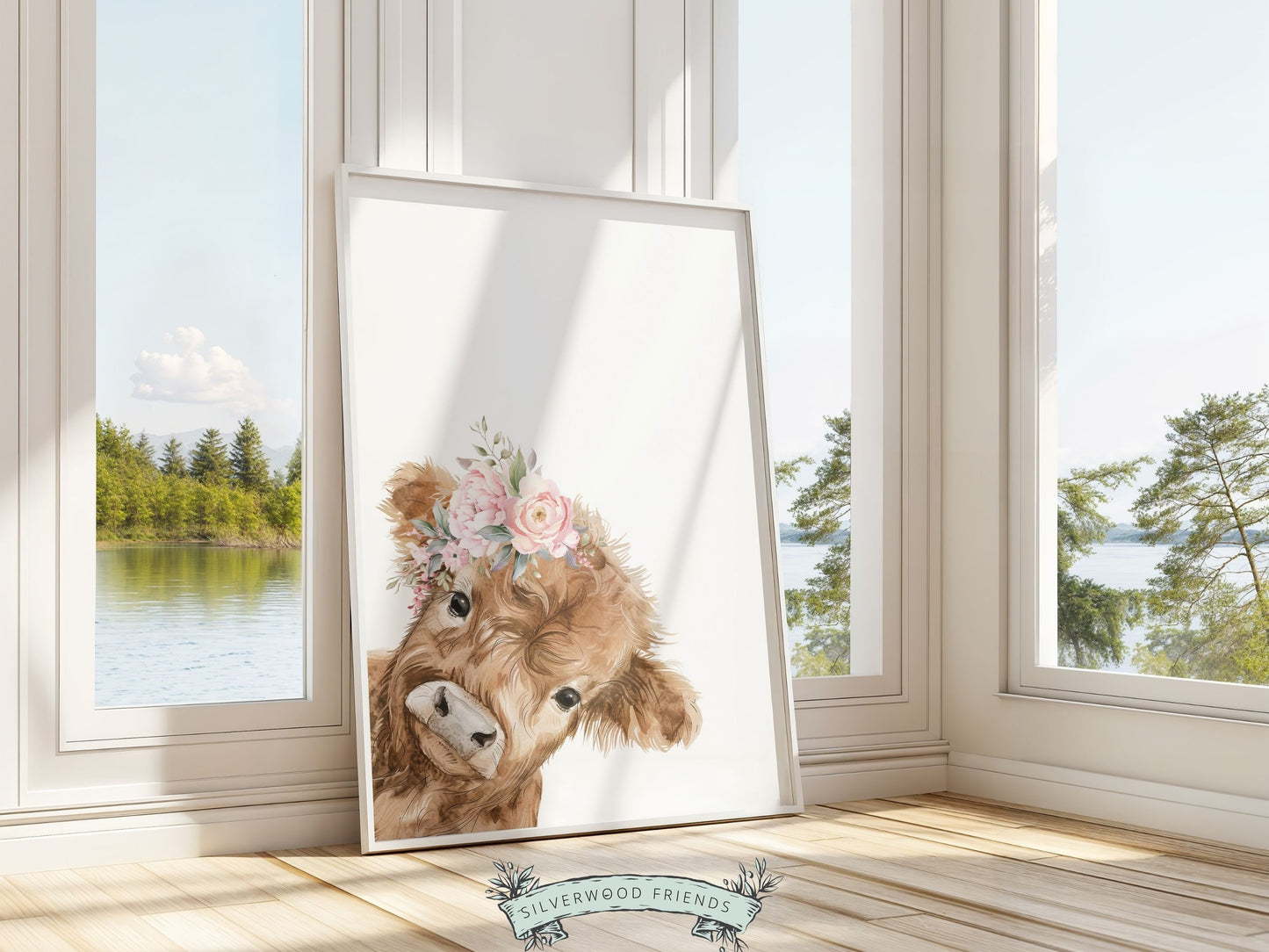 Peeking Highland Cow Nursery Print, Girl Highland Cow Nursery Decor, Baby Girl Watercolor Highland Cow Gift Farm Bedroom Decor Digital Print