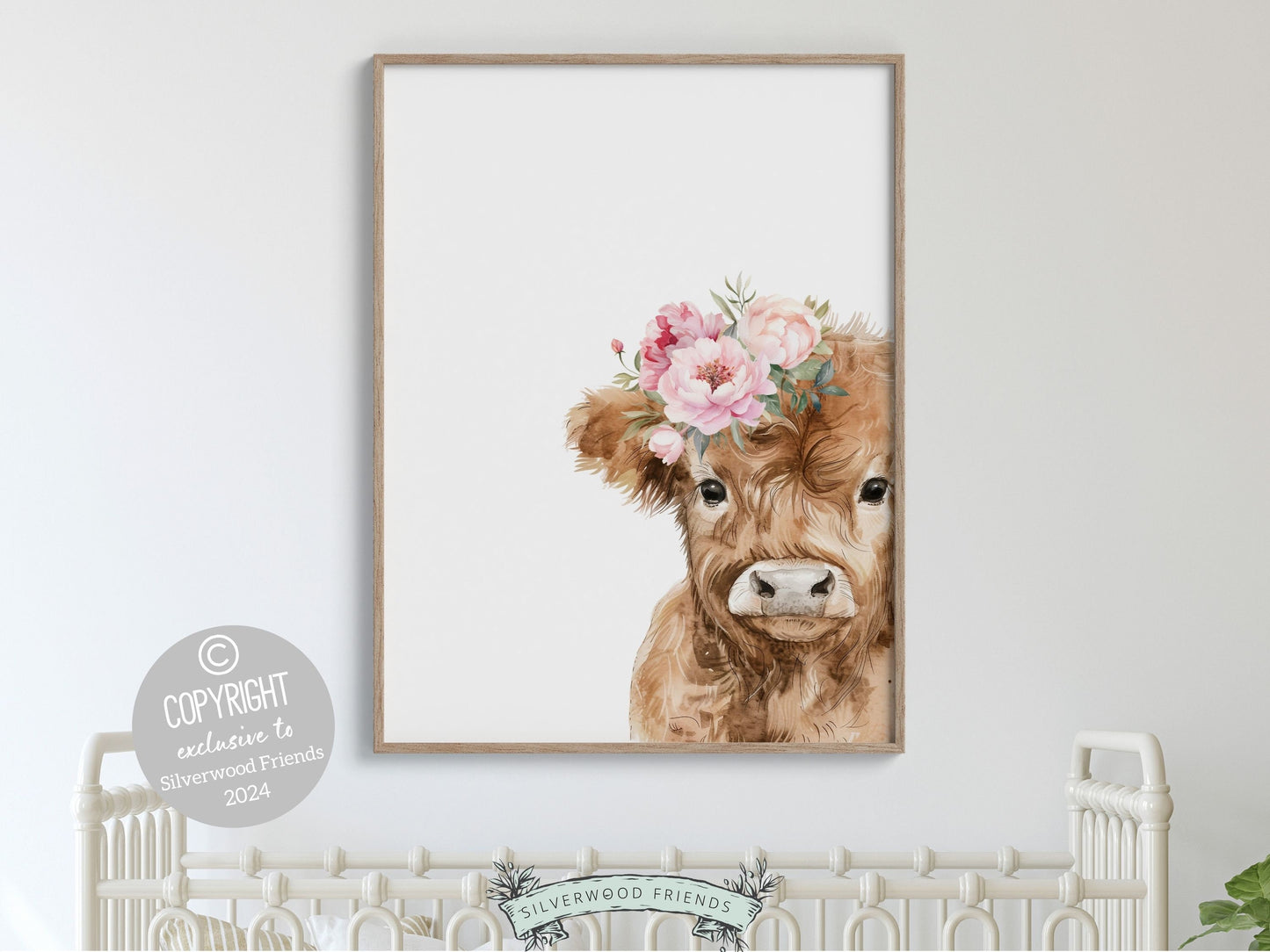Peeking Highland Cow Nursery Print, Girl Highland Cow Nursery Decor, Baby Girl Watercolor Highland Cow Gift Farm Bedroom Decor Digital Print