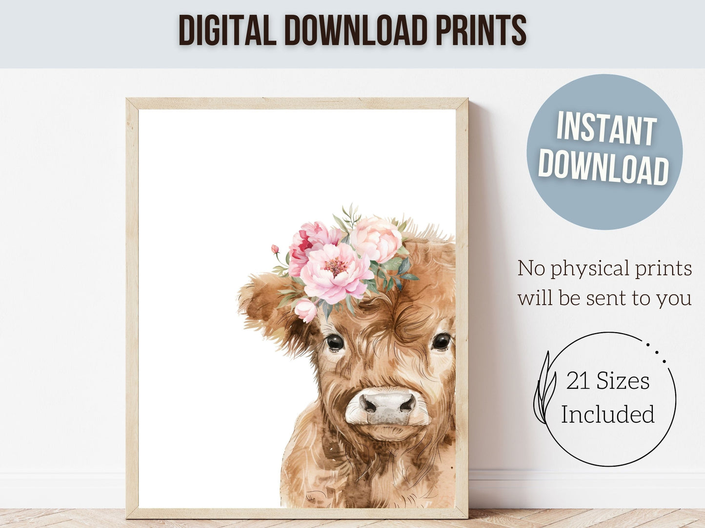 Peeking Highland Cow Nursery Print, Girl Highland Cow Nursery Decor, Baby Girl Watercolor Highland Cow Gift Farm Bedroom Decor Digital Print