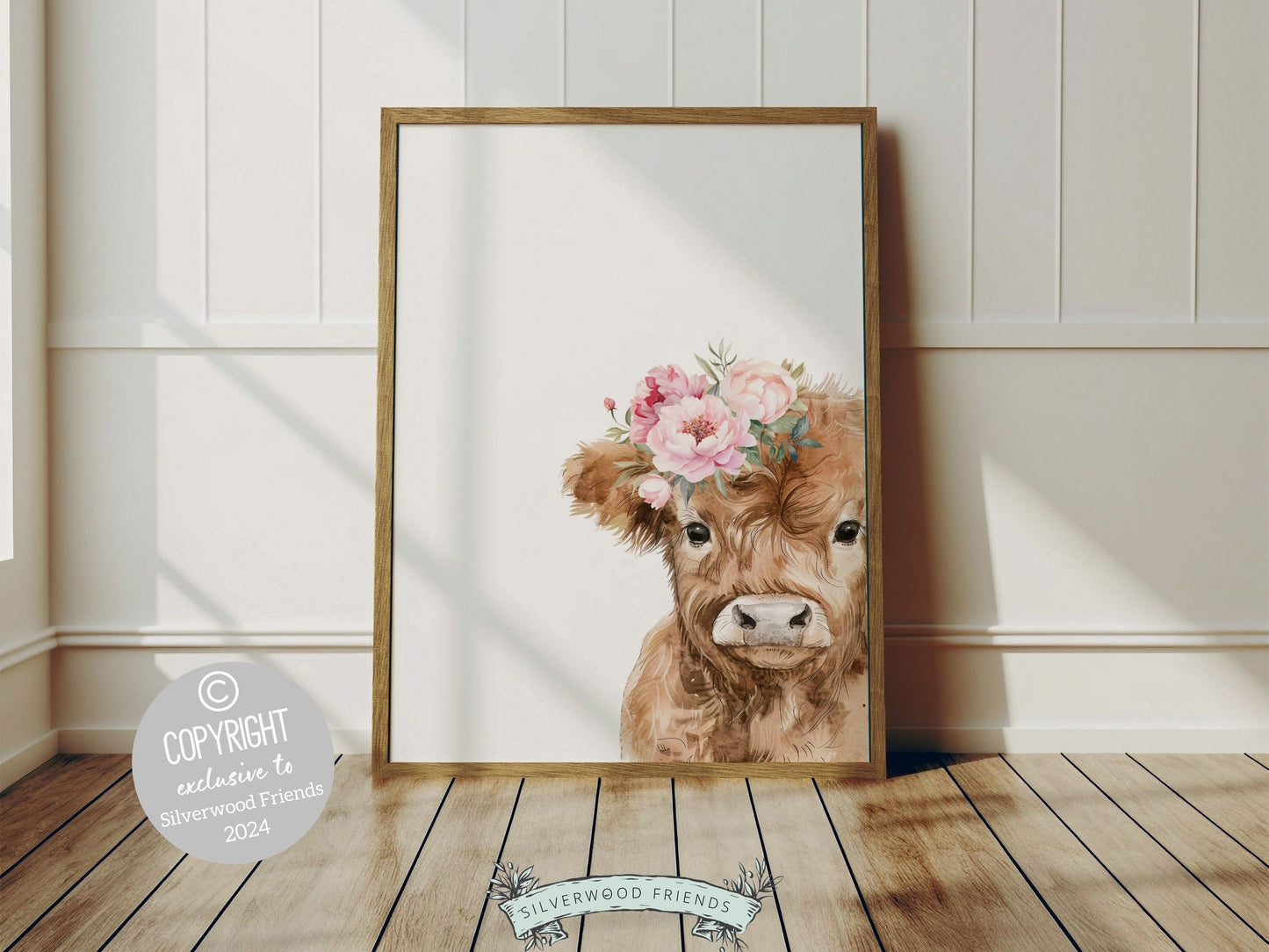 Our Peeking Highland Cow Nursery Print featuring adorable watercolor peeking baby highland cow with pink floral crowns, set on a white background and is perfect for your baby girls farm nursery decor or as a unique farm baby shower gift.