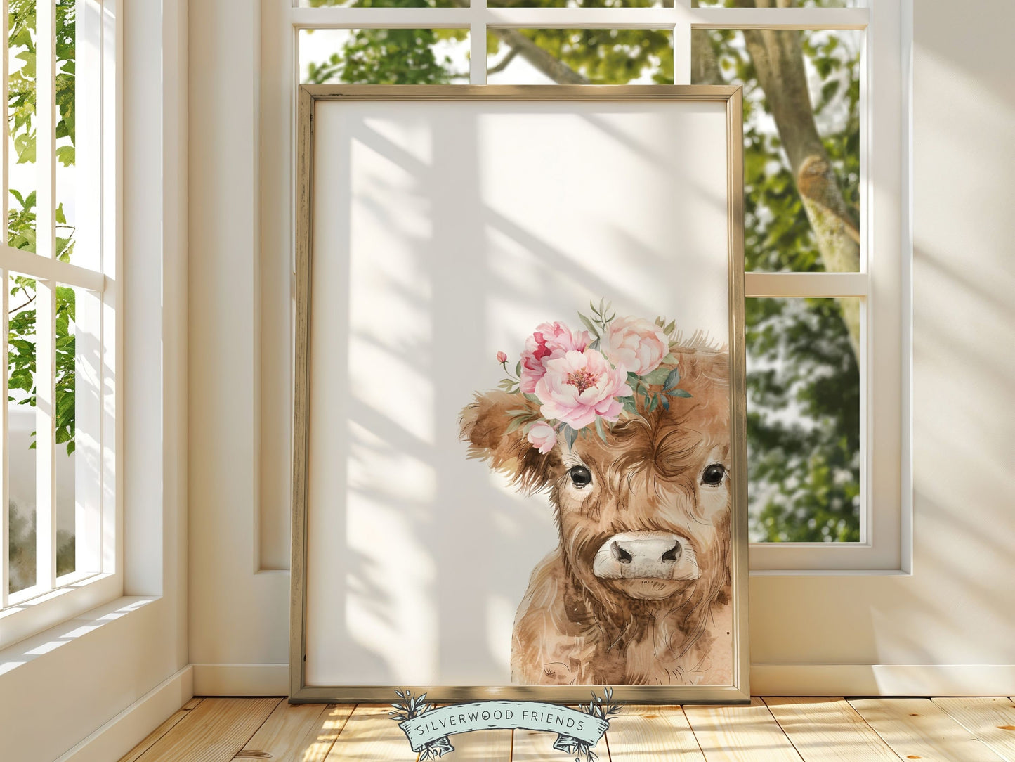 Peeking Highland Cow Nursery Print, Girl Highland Cow Nursery Decor, Baby Girl Watercolor Highland Cow Gift Farm Bedroom Decor Digital Print