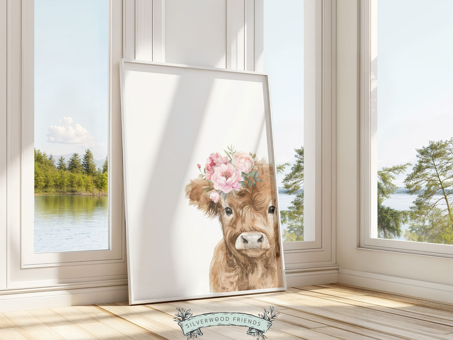 Peeking Highland Cow Nursery Print, Girl Highland Cow Nursery Decor, Baby Girl Watercolor Highland Cow Gift Farm Bedroom Decor Digital Print