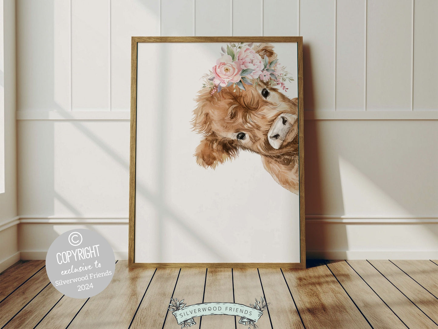 Our Peeking Highland Cow Nursery Print featuring adorable watercolor peeking baby highland cow with pink floral crowns, set on a white background and is perfect for your baby girls farm nursery decor or as a unique farm baby shower gift.