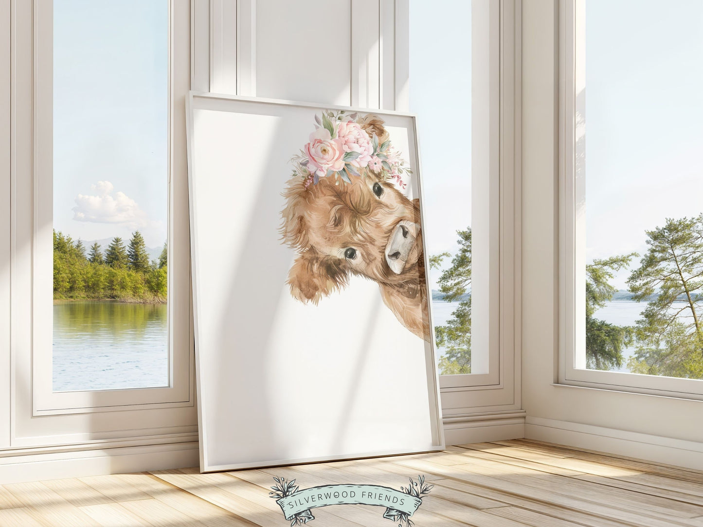Peeking Highland Cow Nursery Print, Girl Highland Cow Nursery Decor, Baby Girl Watercolor Highland Cow Gift Farm Bedroom Decor Digital Print
