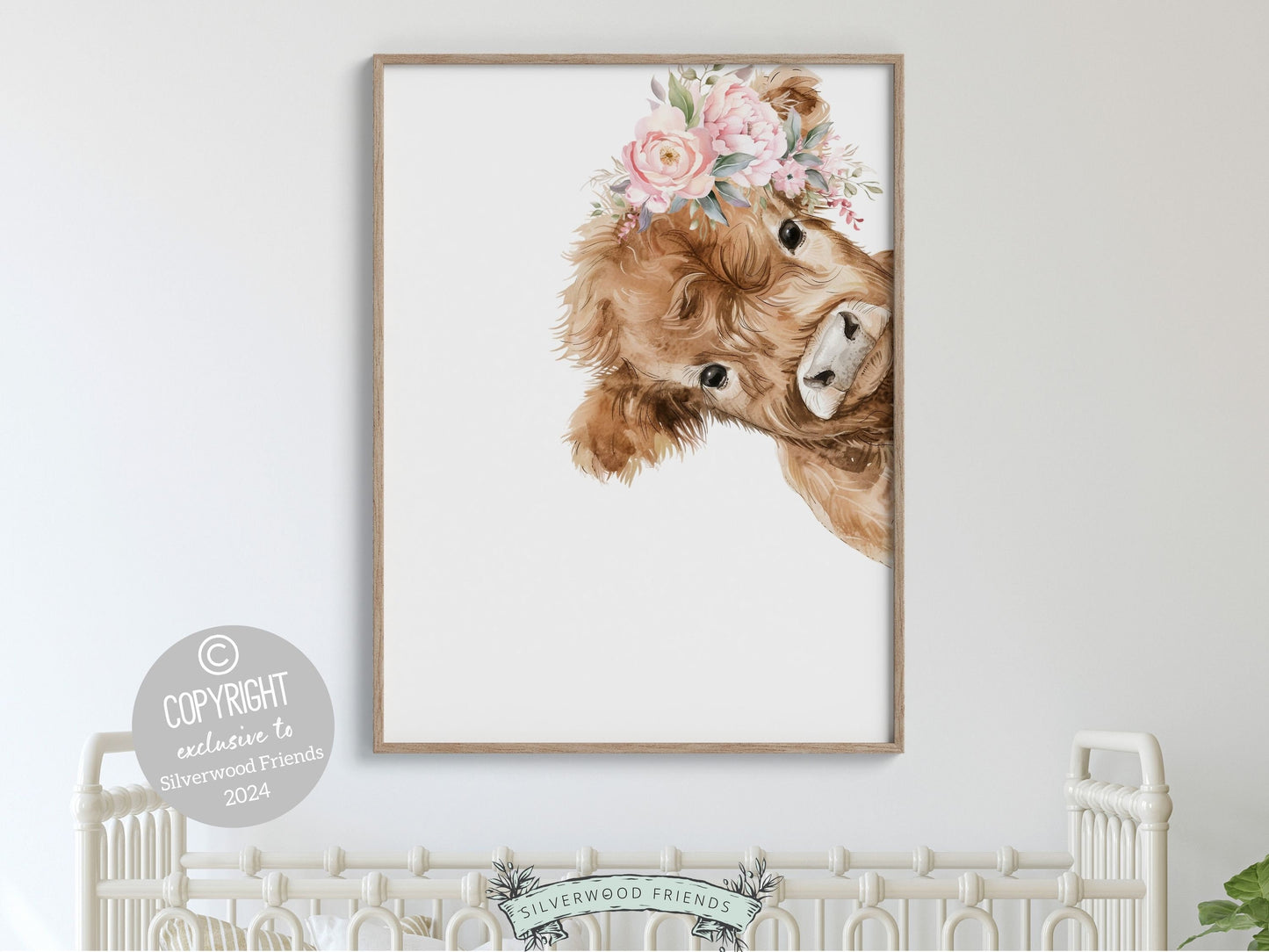 Peeking Highland Cow Nursery Print, Girl Highland Cow Nursery Decor, Baby Girl Watercolor Highland Cow Gift Farm Bedroom Decor Digital Print