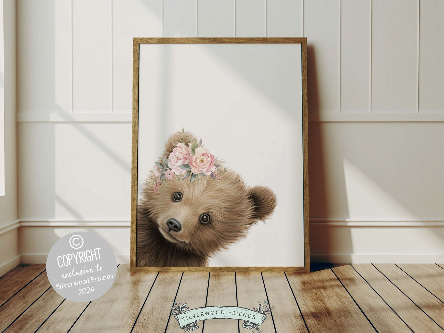 Peeking Bear Nursery Print, Floral Bear Nursery Decor, Baby Girl Wildflower Woodland Nursery Decor, Baby Bear Nursery Wall Art Digital Print