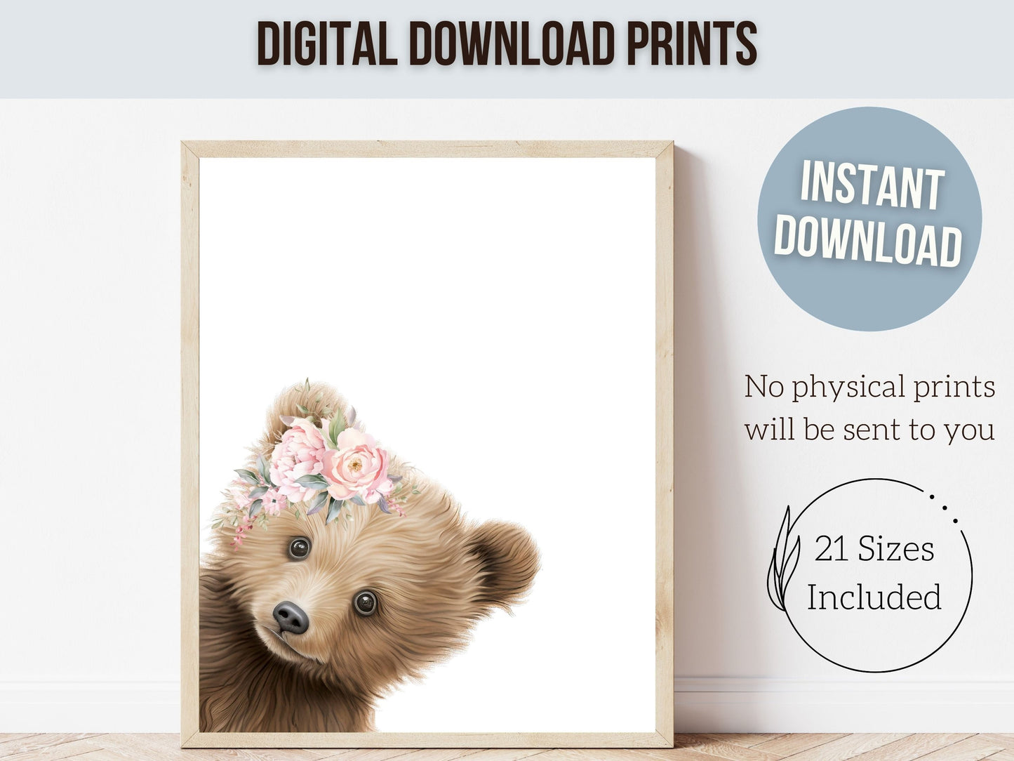 Peeking Bear Nursery Print, Floral Bear Nursery Decor, Baby Girl Wildflower Woodland Nursery Decor, Baby Bear Nursery Wall Art Digital Print