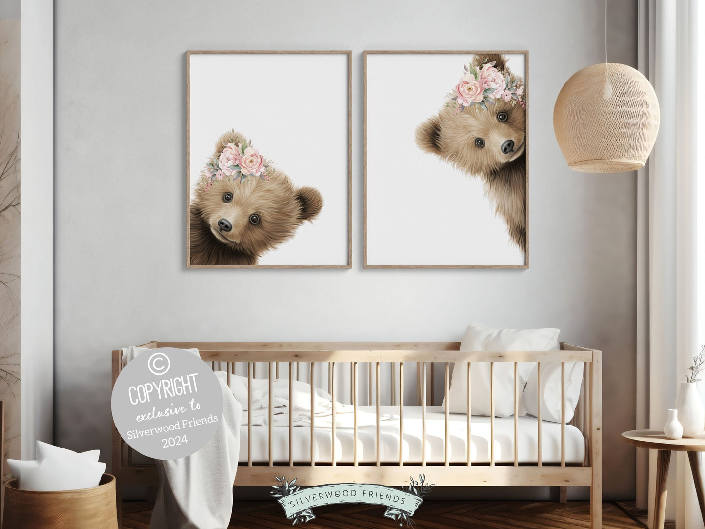 Peeking Bear Nursery Print, Floral Bear Nursery Decor, Baby Girl Wildflower Woodland Nursery Decor, Baby Bear Nursery Wall Art Digital Print