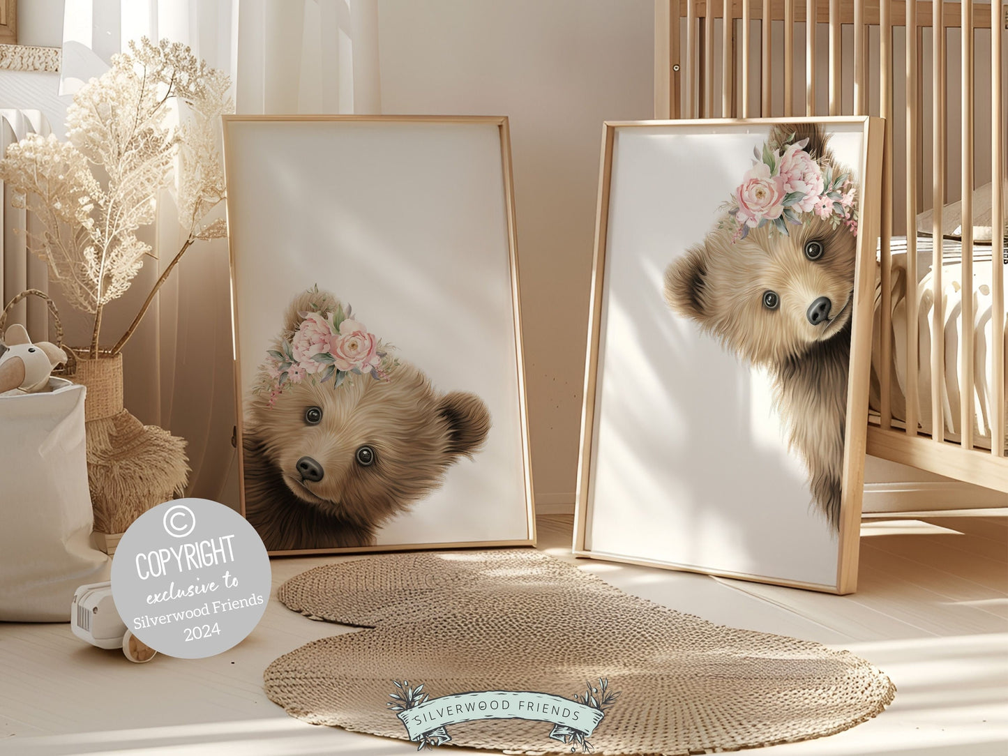 Our delightful minimalist Set of 2 Peeking Bear Nursery Prints features adorable peeking brown bear with floral crowns. It's perfect for your baby girls bear nursery decor or woodland nursery decor and also makes a unique baby shower gift.
