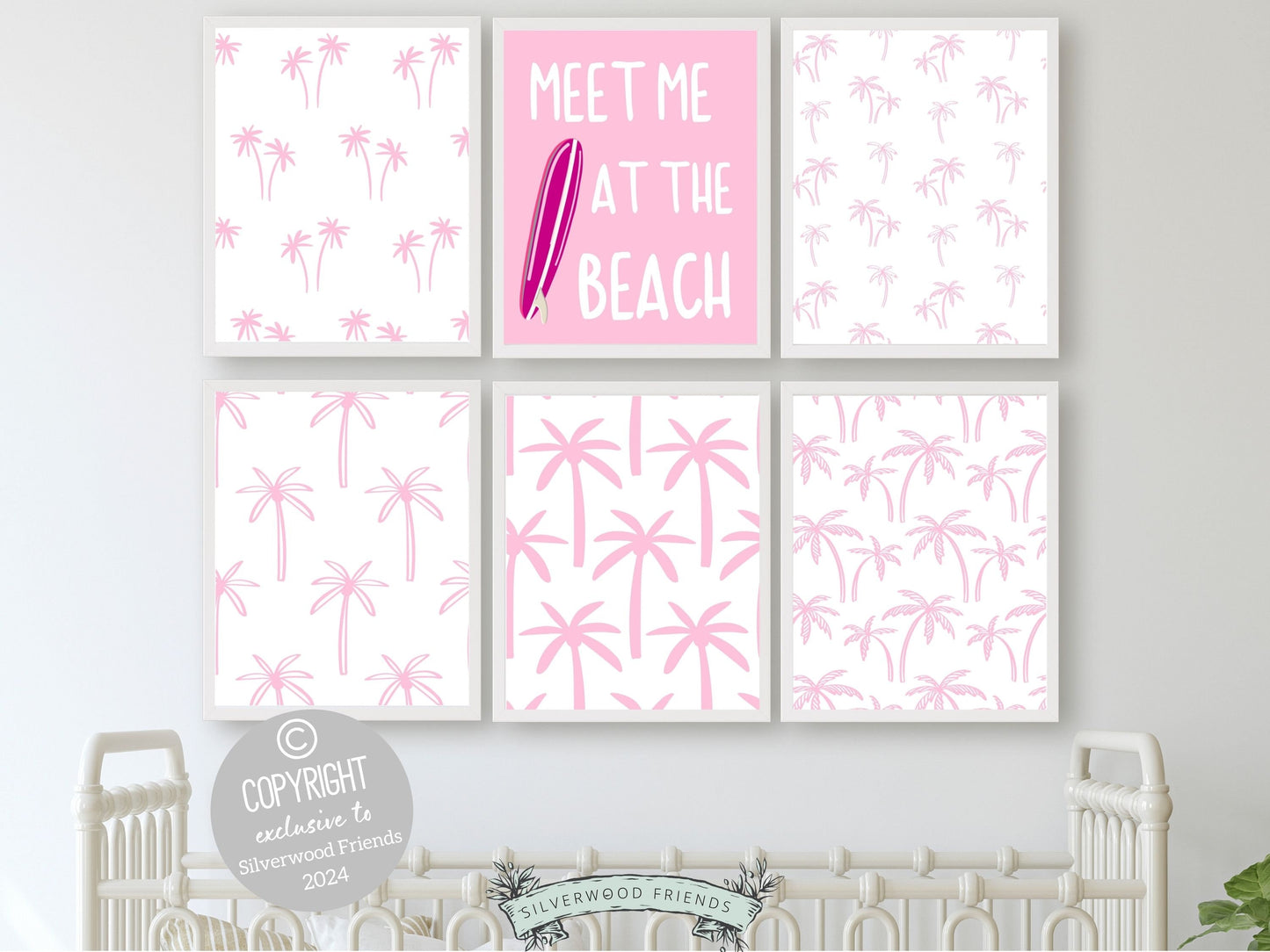 Pink Surfboard Palm Tree Print, Beachy Dorm Room Wall Art, Girls Surf Nursery Wall Art, Girly Beach House Surfing Room Decor Digital Print