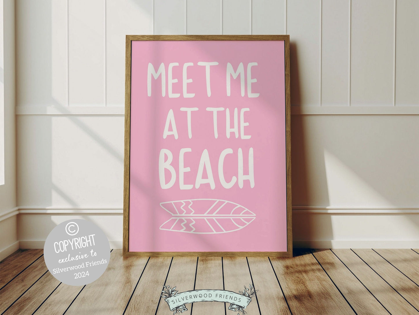 Pink Coastal Wall Art, Surfboard Palm Tree Print, Beachy Dorm Room Decor, Girly Beach House Wall Decor Meet Me At The Beach Digital Print