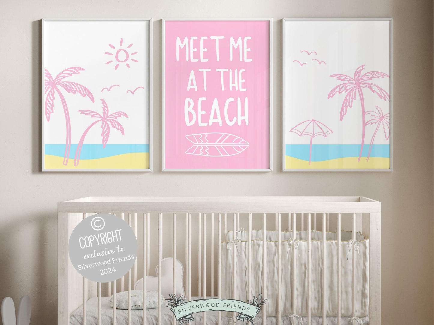 Pink Coastal Wall Art, Surfboard Palm Tree Print, Beachy Dorm Room Decor, Girly Beach House Wall Decor Meet Me At The Beach Digital Print