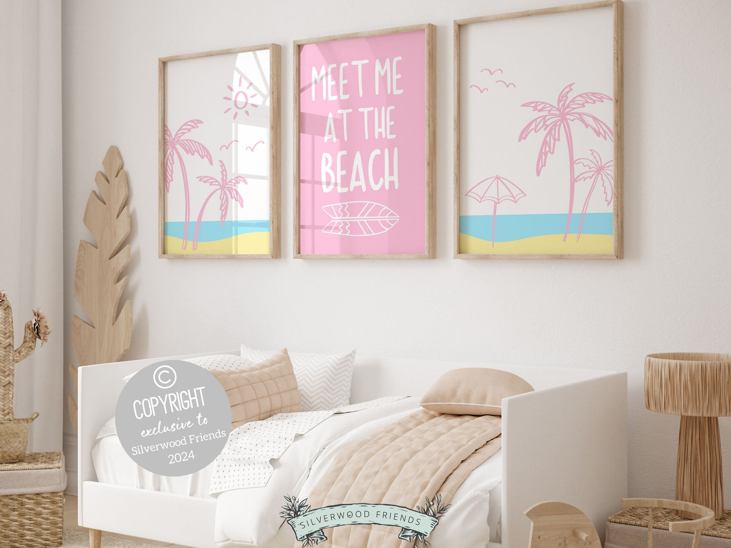 Set of 3 Beach Prints featuring minimalist pink beachy designs and quote meet me at the beach. Ideal for your beach house or girls surfing room wall decor. Makes a unique beachy baby shower gift, adding a serene coastal touch to any space.