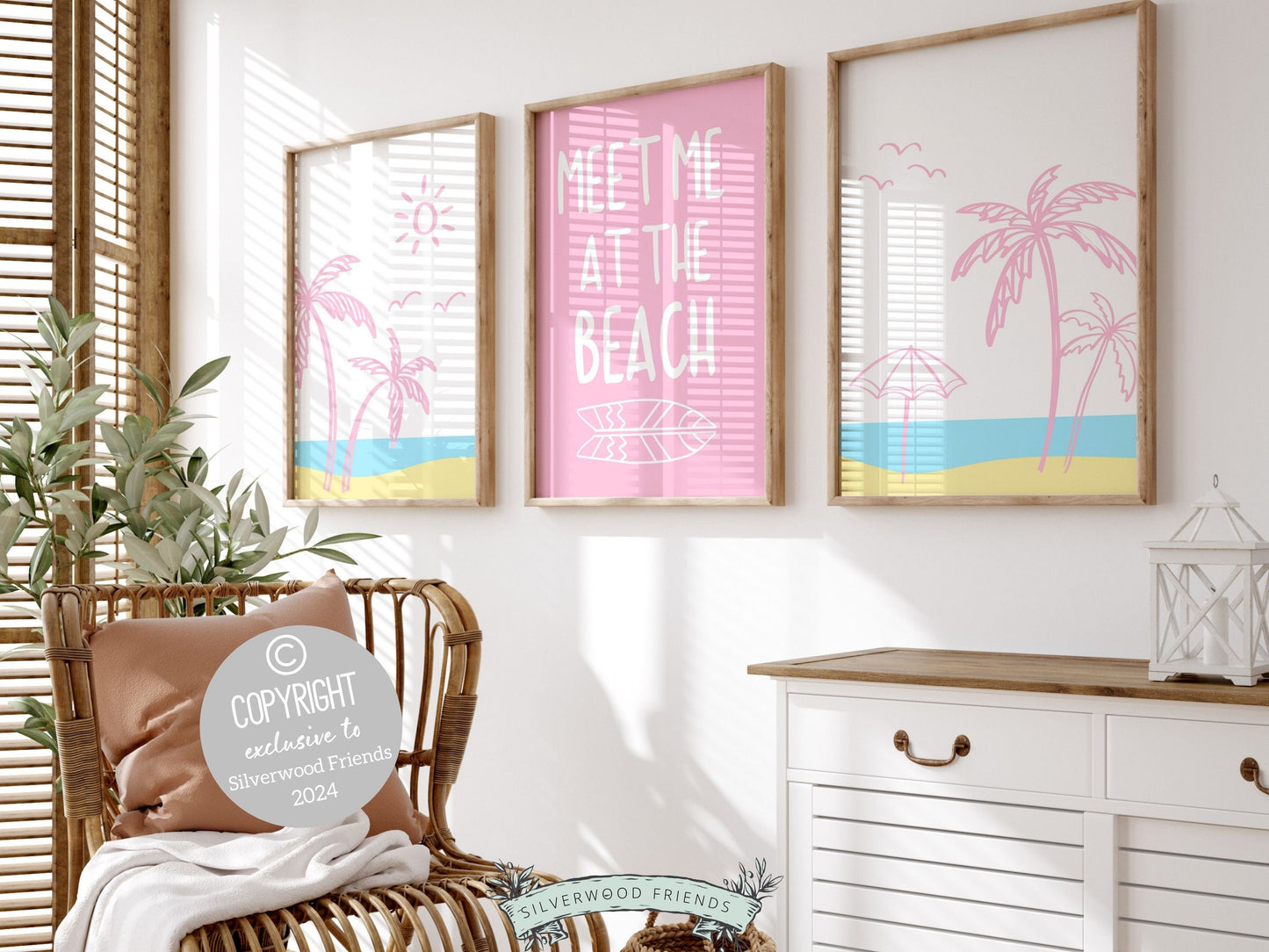 Pink Coastal Wall Art, Surfboard Palm Tree Print, Beachy Dorm Room Decor, Girly Beach House Wall Decor Meet Me At The Beach Digital Print