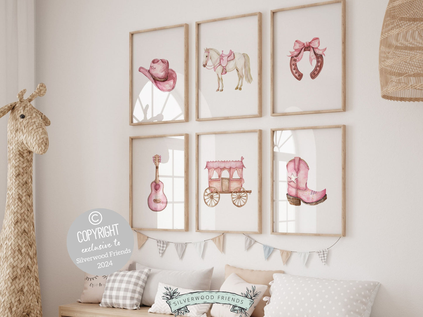 Set of 6 Cowgirl Nursery Prints showcasing watercolor cowgirl essentials in soft pink and brown hues. These prints seamlessly blend rustic appeal into your cowgirl themed decor, ideal for your little ones space or as a heartfelt baby shower gift.