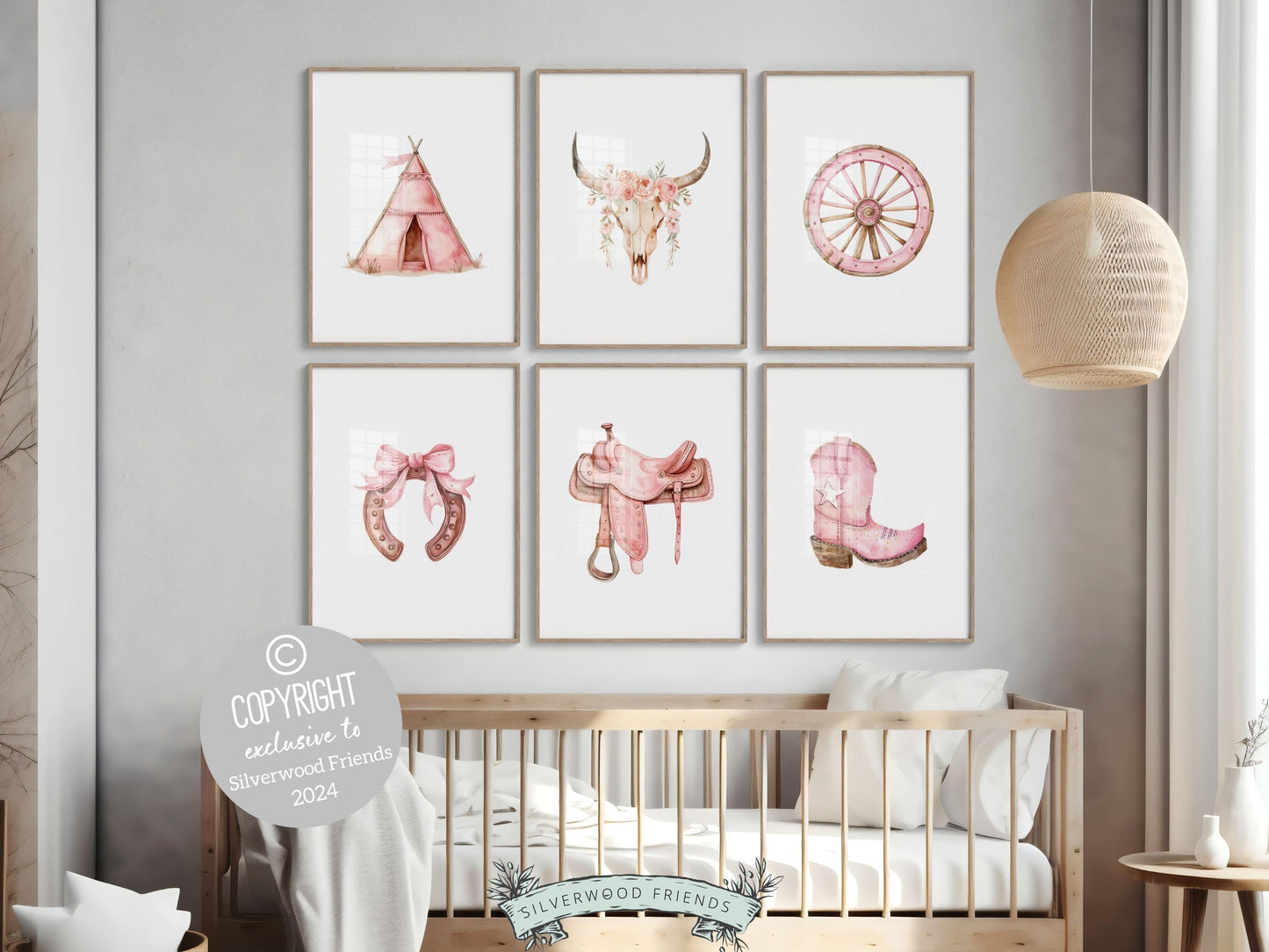 Set of 6 Western Nursery Prints, showcasing watercolor cowgirl and western essentials in soft pink and brown hues. These prints blend rustic appeal into your cowgirl themed decor, ideal for your little ones space or as a heartfelt baby shower gift.