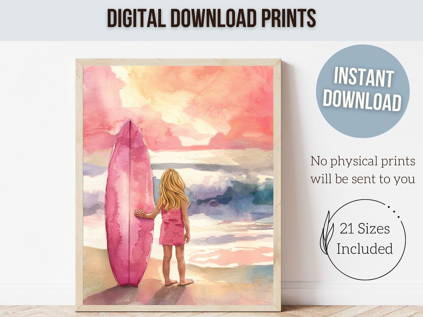 Girls Surf Nursery Print, Beachy Surfboard Wall Art, Girl Ocean Sunset Nursery Wall Art, Girly Beach House Surfing Room Decor Digital Print