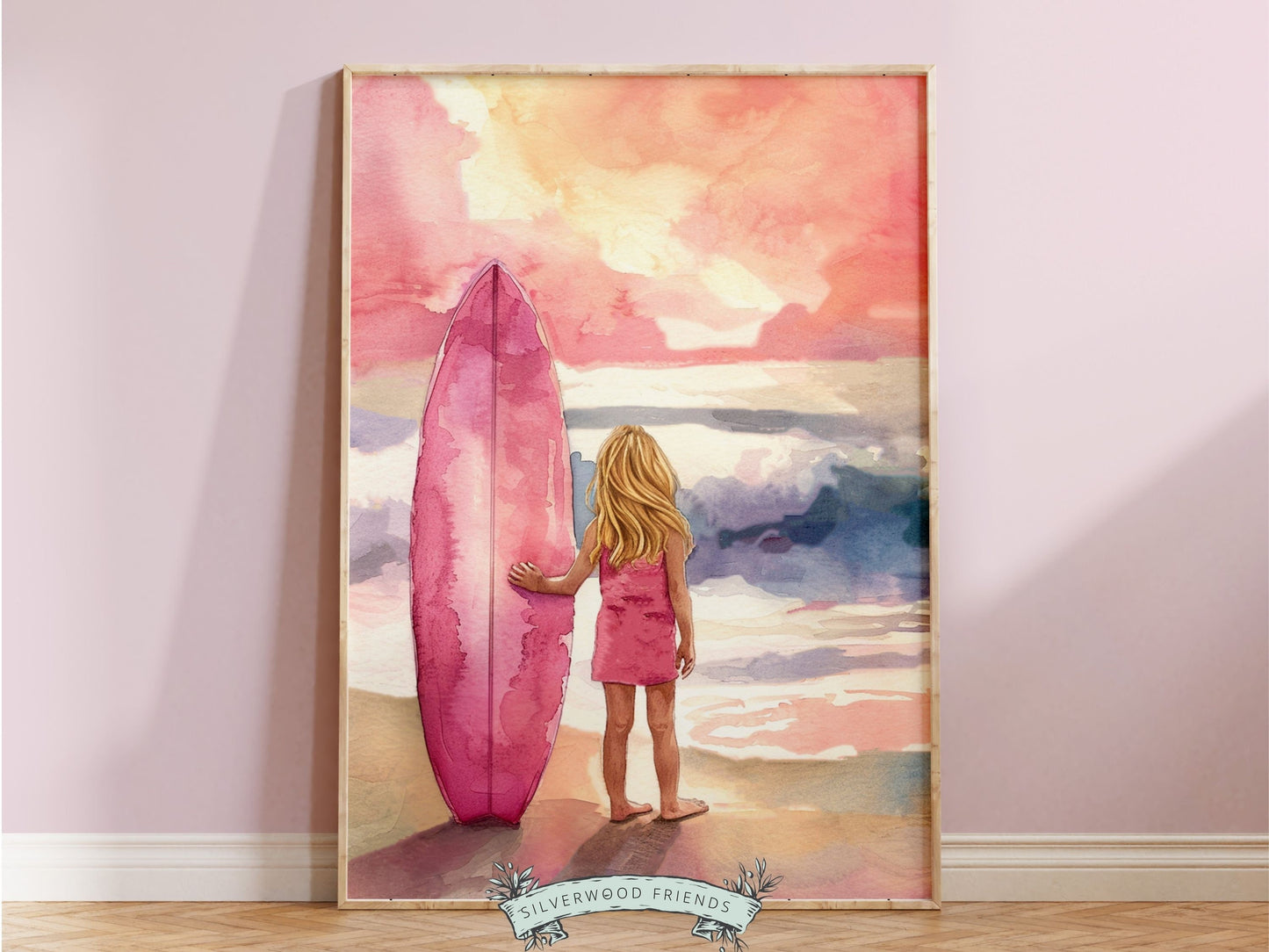 Girls Surf Nursery Print, Beachy Surfboard Wall Art, Girl Ocean Sunset Nursery Wall Art, Girly Beach House Surfing Room Decor Digital Print