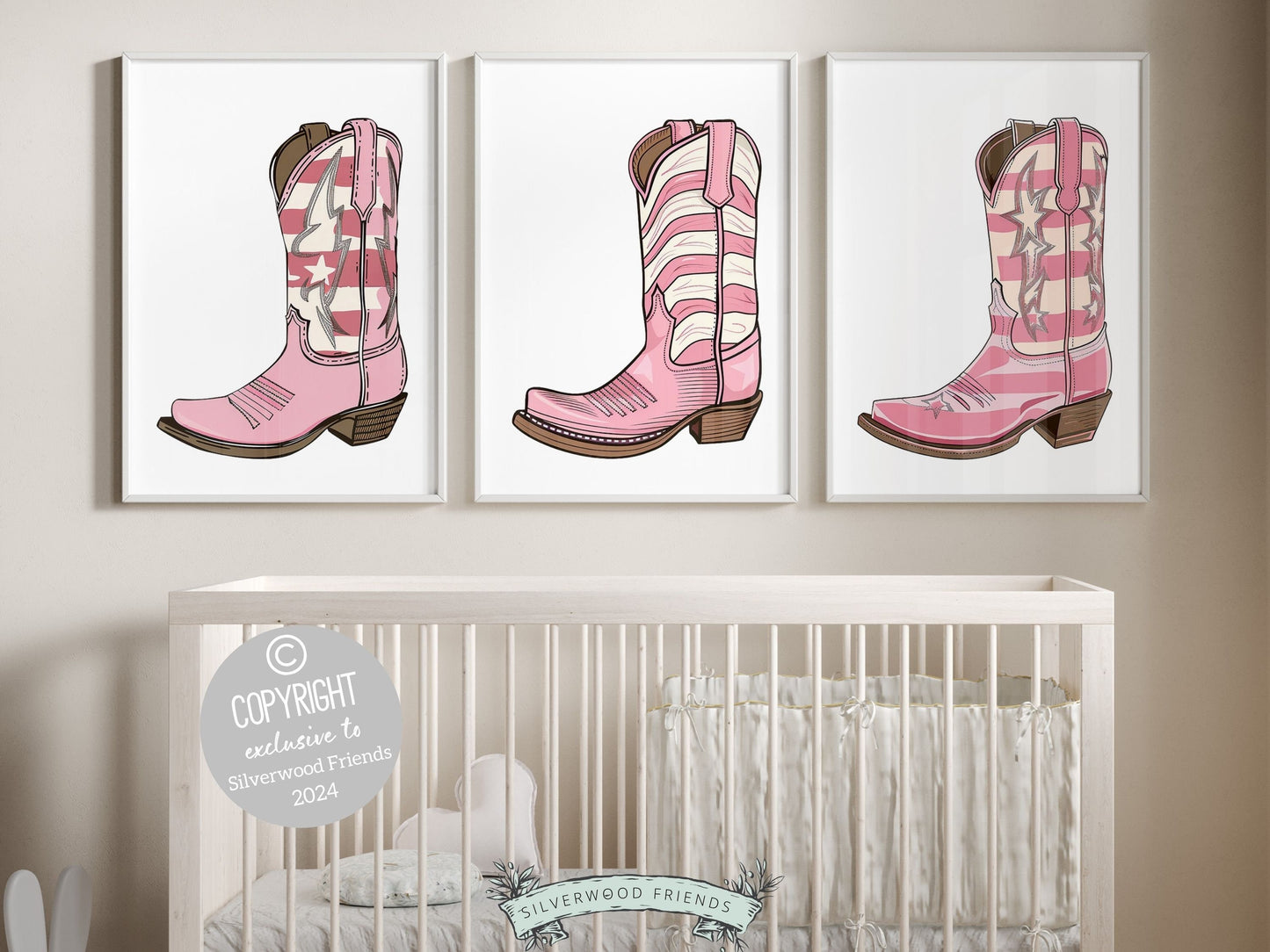 Pink Cowgirl Boot Prints, Girls Pink Cowgirl Nursery Decor, Baby Girl Western Nursery Decor, Baby Girl Horse Nursery Wall Art Digital Prints