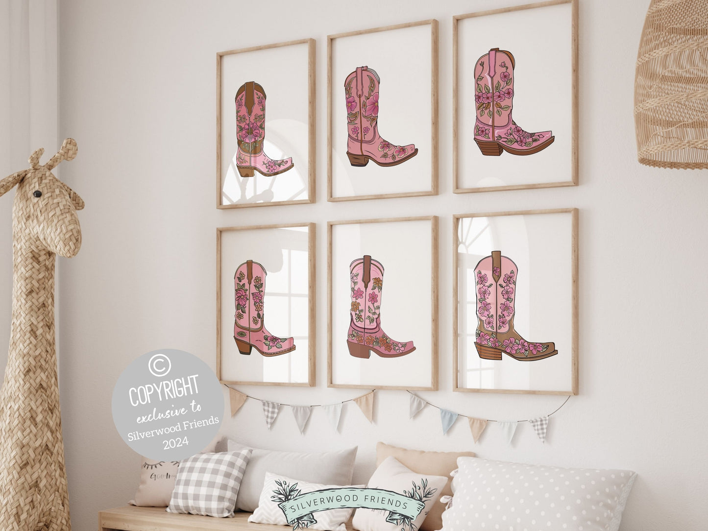 Set of 6 Cowgirl Boot Prints, showcasing cowgirl boots with vibrant floral designs in pink and brown hues. Our digital prints bring a modern rustic appeal into your cowgirl themed decor, ideal any room in your home.
