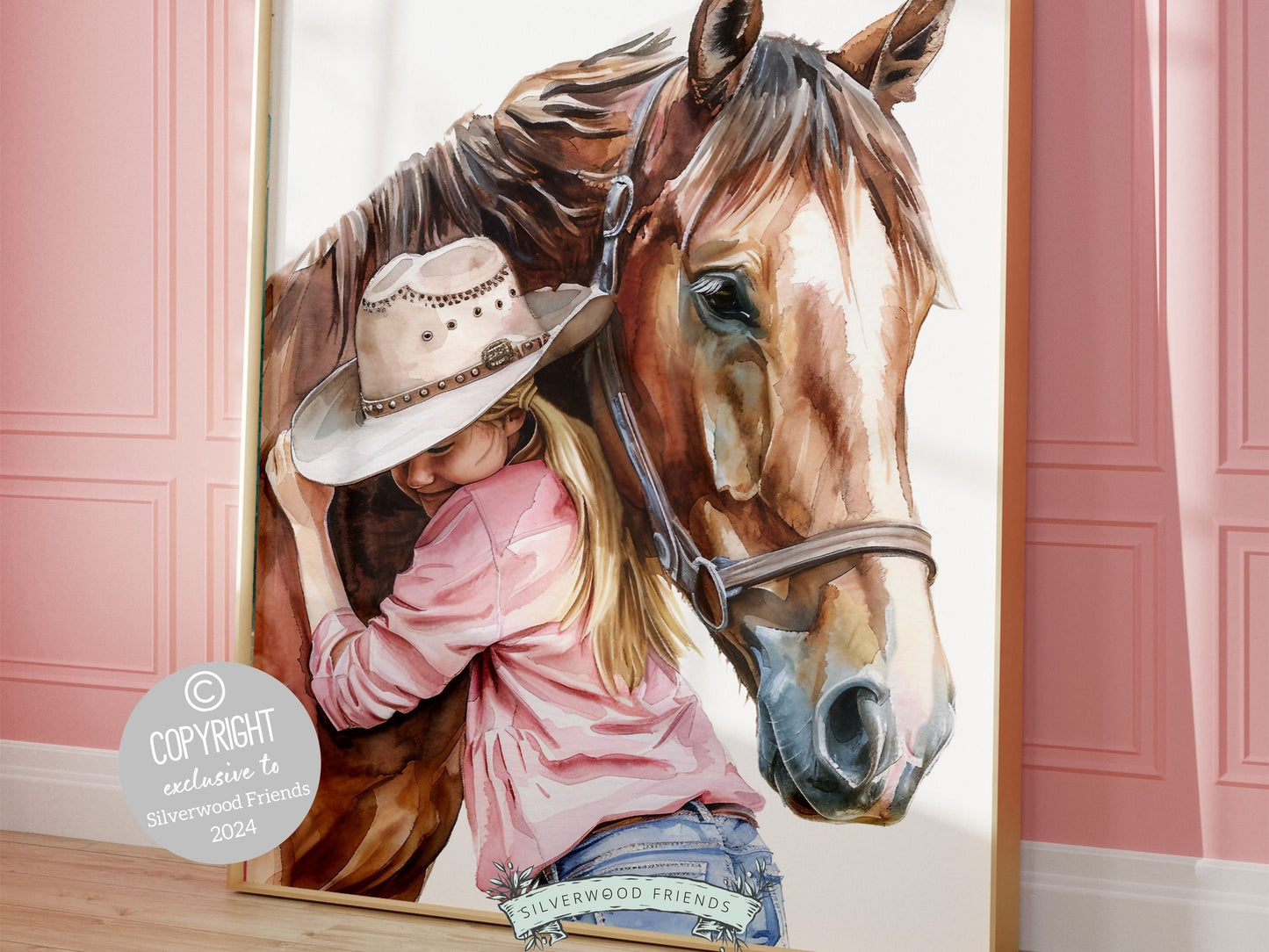 Watercolor print, depicting a cowgirl with her beloved horse. Our charming artwork effortlessly enhances your cowgirl themed decor, perfect for your little ones space or as a heartfelt baby shower gift for horse riding enthusiasts.