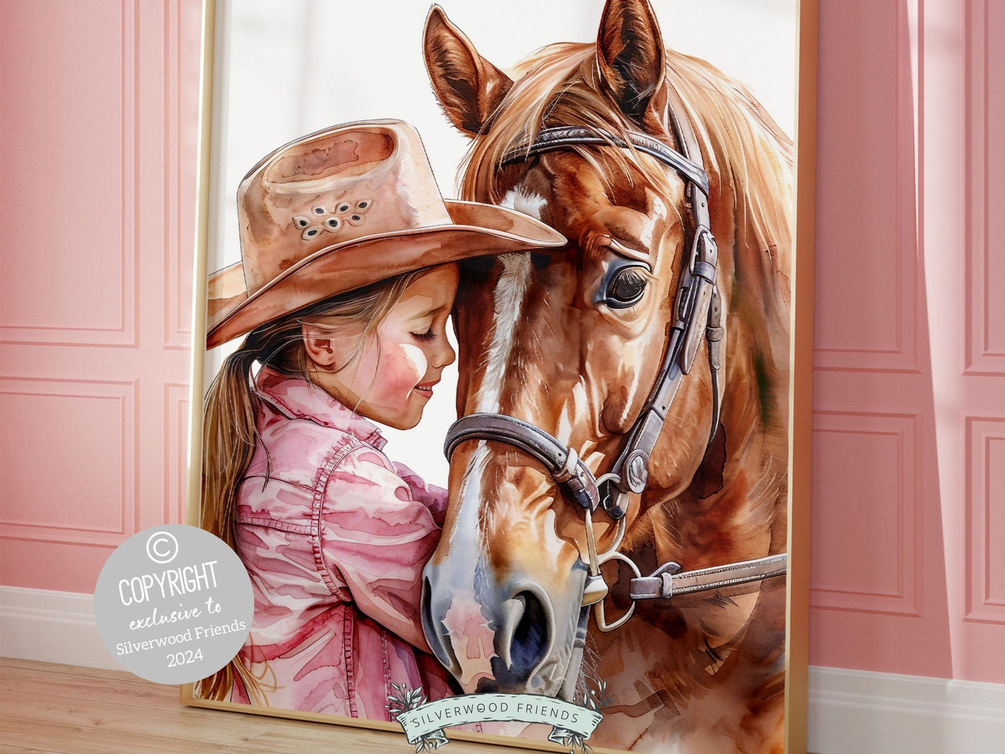 Watercolor print, depicting a cowgirl with her beloved horse. Our charming artwork effortlessly enhances your cowgirl themed decor, perfect for your little ones space or as a heartfelt baby shower gift for horse riding enthusiasts.