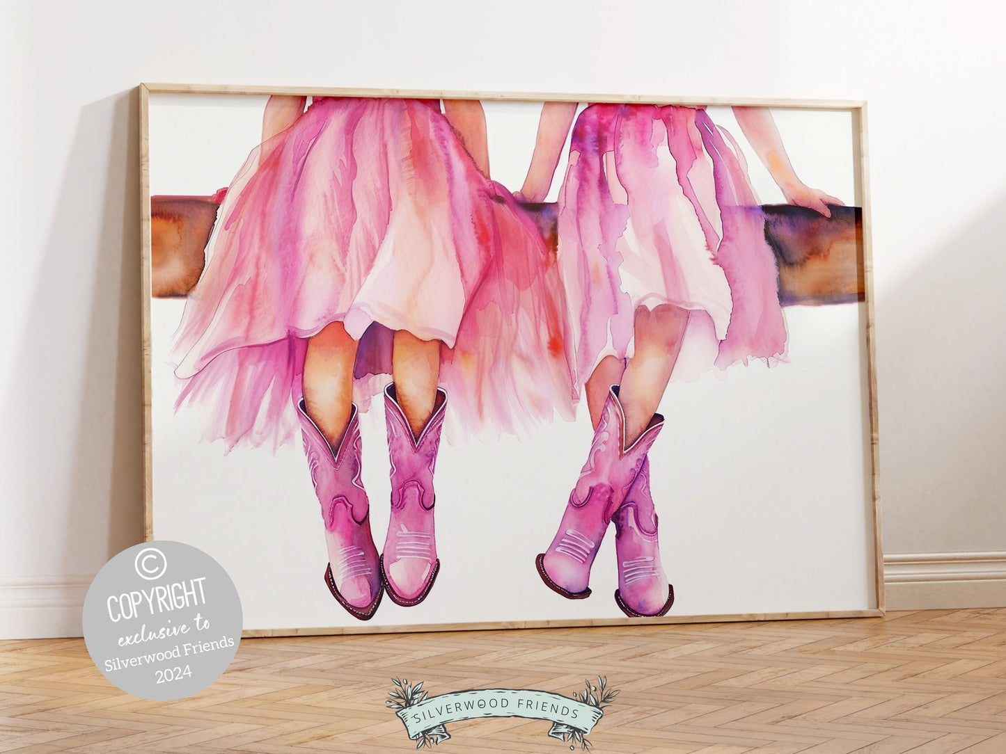 Watercolor digital print featuring cowgirls sitting atop a paddock fence. Our gorgeous print effortlessly enhances your cowgirl themed decor, perfect for your little ones space or as a heartfelt gift for horse riding enthusiasts.