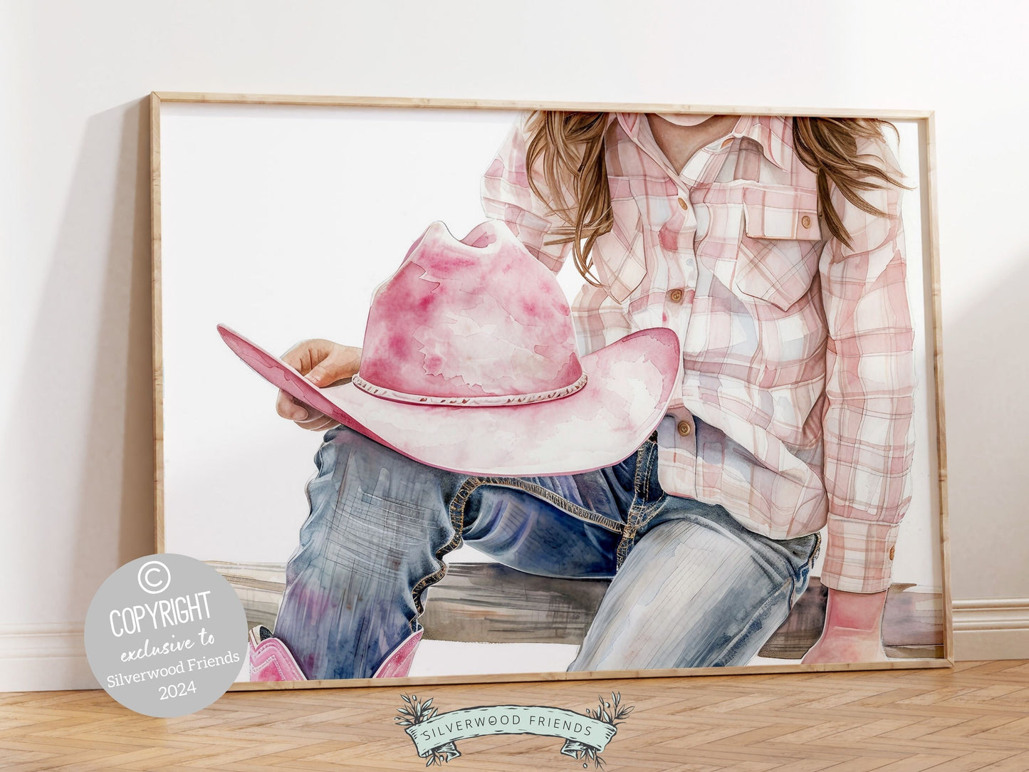 Watercolor digital print, featuring a little cowgirl sitting atop a paddock fence. Our gorgeous artwork effortlessly enhances your cowgirl themed decor, perfect for a girls country inspired bedroom or as a heartfelt gift for horse riding enthusiasts.