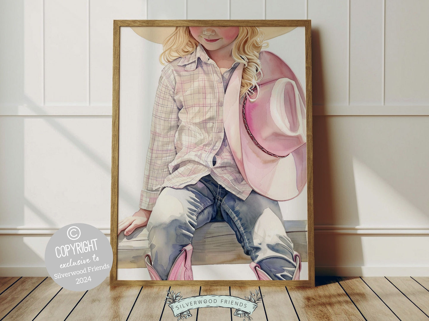Watercolor digital print, featuring a little cowgirl sitting atop a paddock fence. Our gorgeous artwork effortlessly enhances your cowgirl themed decor, perfect for a girl country inspired bedroom or as a heartfelt gift for horse riding enthusiasts.