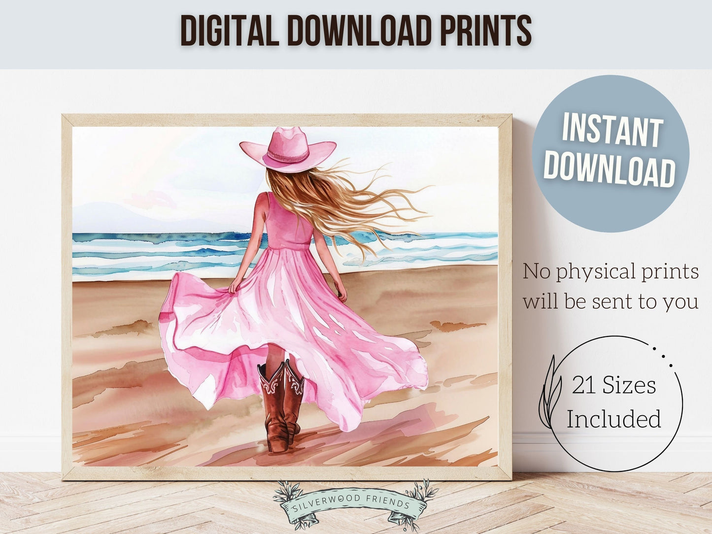 Coastal Cowgirl Nursery Print, Pink Cowgirl Picture, Western Bedroom Wall Decor, Trendy Beachy Cowgirl Dorm Room Wall Decor Digital Print