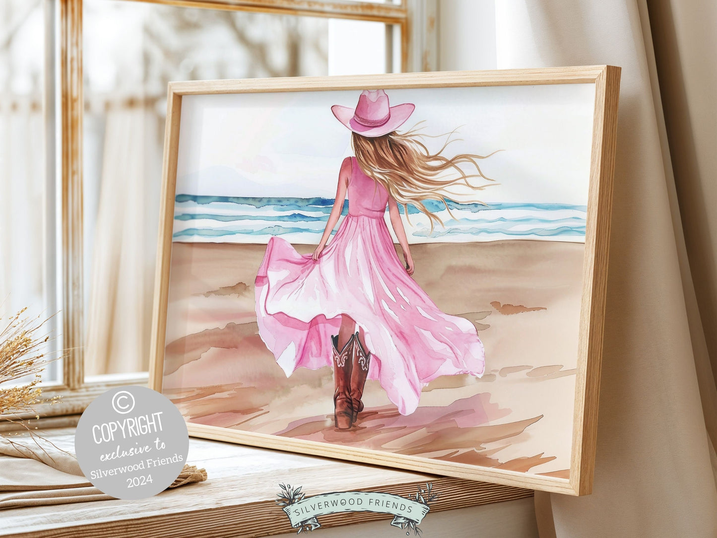 Coastal Cowgirl Nursery Print, Pink Cowgirl Picture, Western Bedroom Wall Decor, Trendy Beachy Cowgirl Dorm Room Wall Decor Digital Print