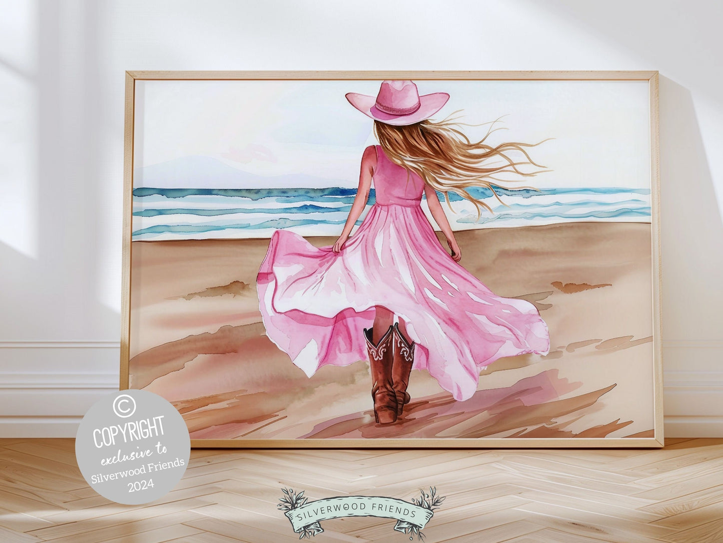 Watercolor cowgirl digital print, featuring a cowgirl walking on the beach. Perfect for your country and western decor, this charming digital print also makes a heartfelt birthday gift and housewarming gift.