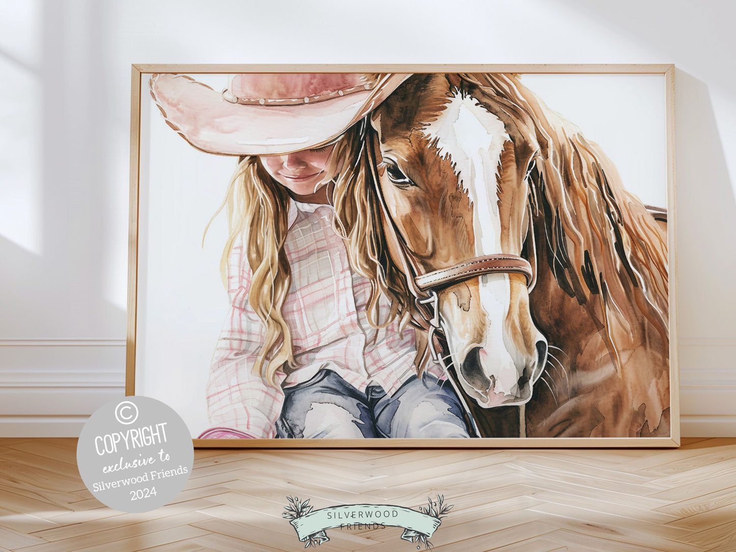 Watercolor print depicting a cowgirl sitting with her beloved horse atop a paddock fence. This charming artwork effortlessly enhances your cowgirl themed decor, perfect for your little ones space or as a heartfelt baby shower gift.
