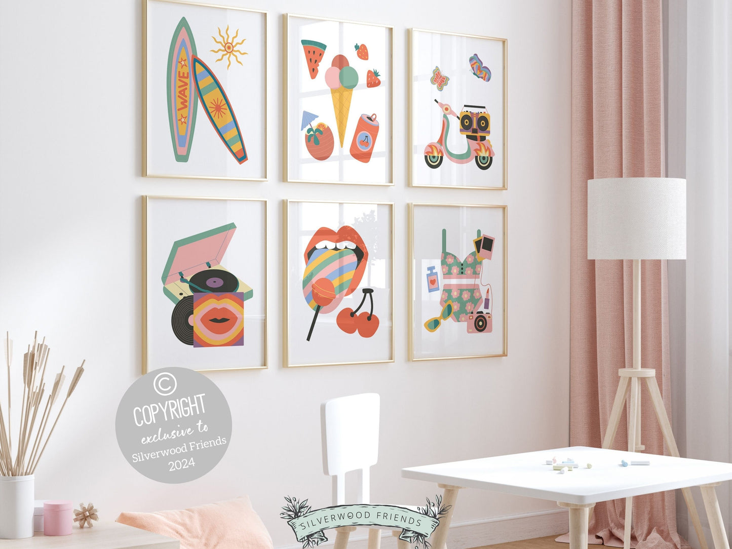 Trendy Retro Prints, Girls Colorful Surf Nursery Wall Art, Preppy Maximalist Dorm Room Decor, Girly Surfboard Teen Room Decor Digital Prints