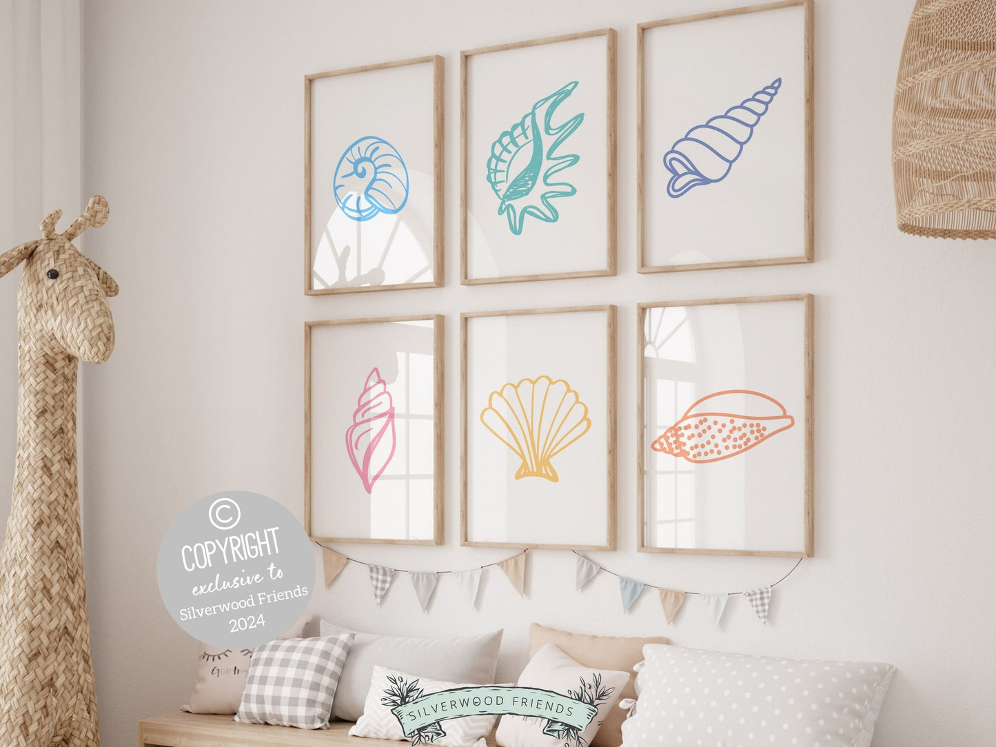 Set of 6 pastel Seashell Prints featuring colorful, minimalist designs, ideal for your beach house or kids room wall decor. Our charming prints also make a thoughtful and unique beachy baby shower gift, adding a serene coastal touch to any space.
