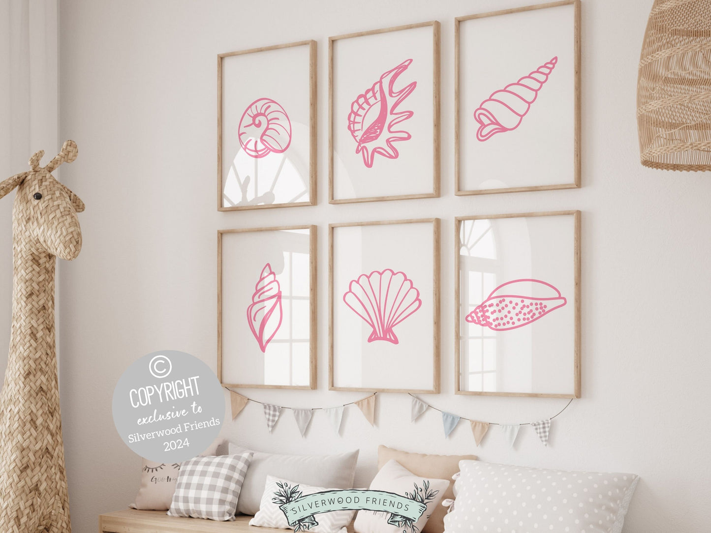 Pink Seashell Coastal Prints, Beachy Wall Art, Ocean Nursery Print, Baby Girl Nursery Wall Art, Beach House Girls Room Decor Digital Prints