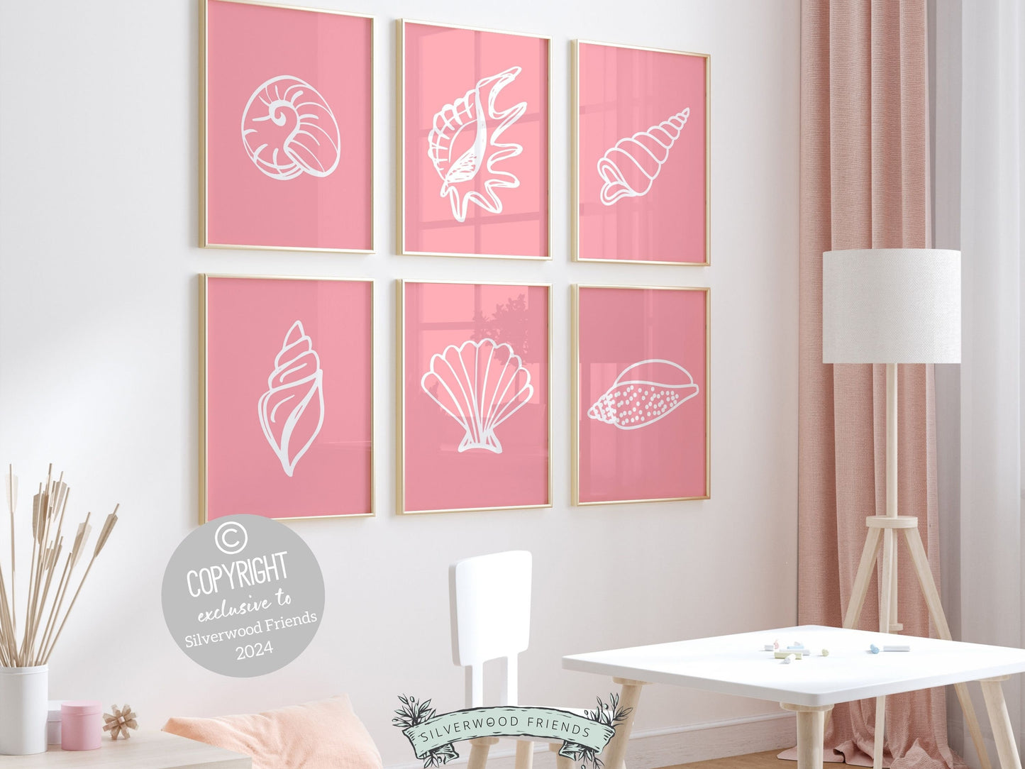 Set of 6 Pink Seashell Prints featuring white seashells on a pink background ideal for your beach house or girls room wall decor. Our charming prints make a thoughtful and unique beachy baby shower gift, adding a serene coastal touch to any space