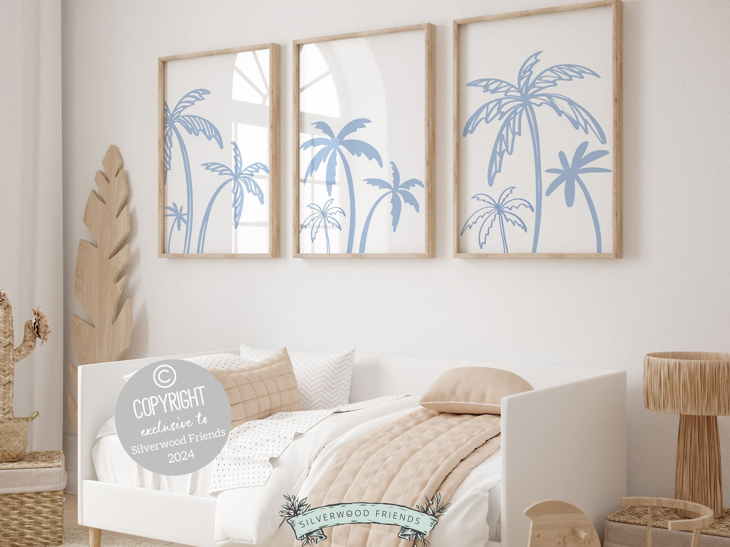 Set of 3 Palm Tree Prints featuring minimalist blue palm trees, ideal for your beach house or kids coastal room wall decor. Our charming prints also make a thoughtful and unique beachy baby shower gift, adding a serene coastal touch to any space.