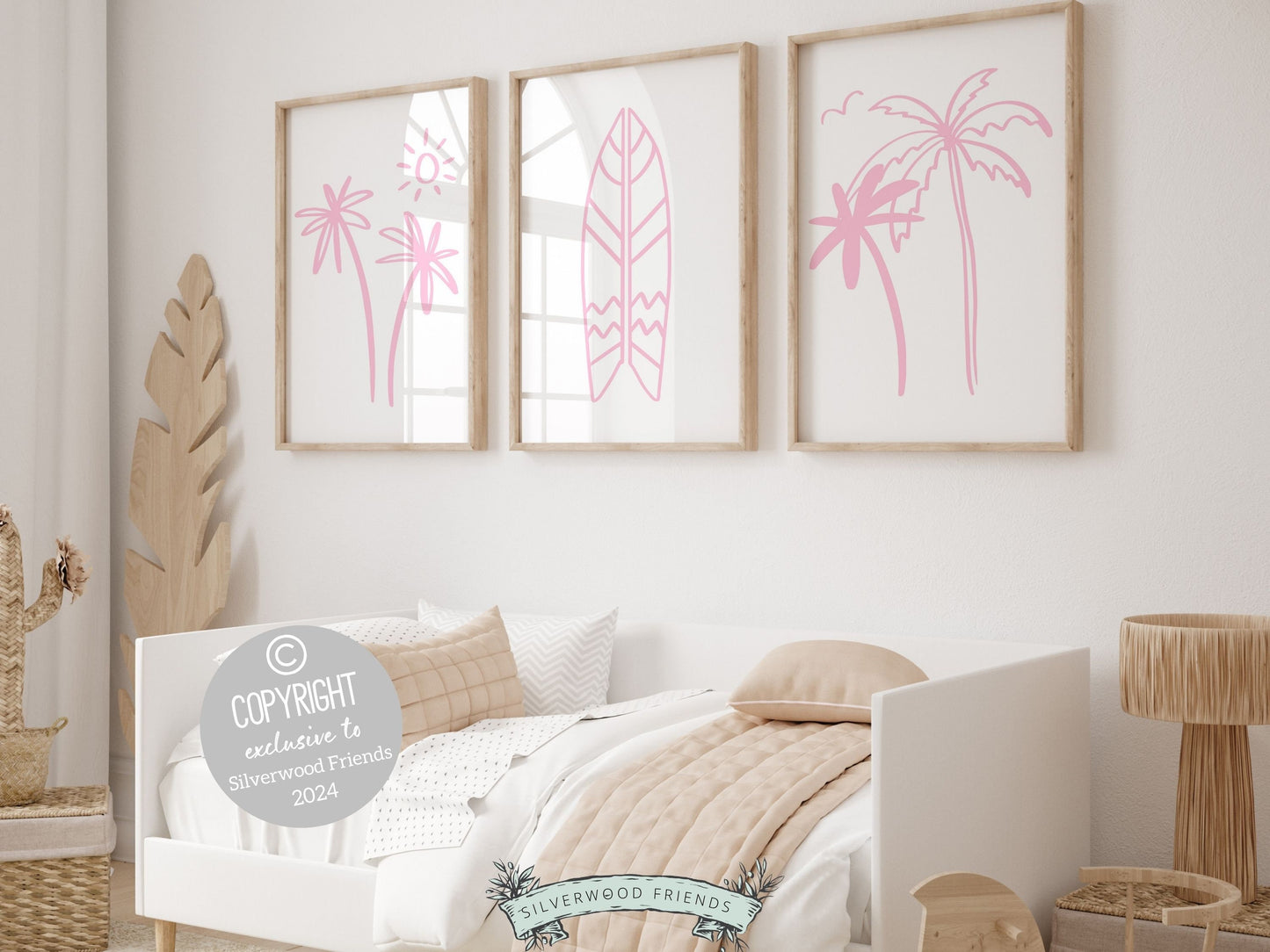 Set of 3 Surfboard Palm Tree Prints featuring minimalist pink designs ideal for your beach house or girls surfing room wall decor. Our prints also make a thoughtful and unique beachy baby shower gift, adding a serene coastal touch to any space.