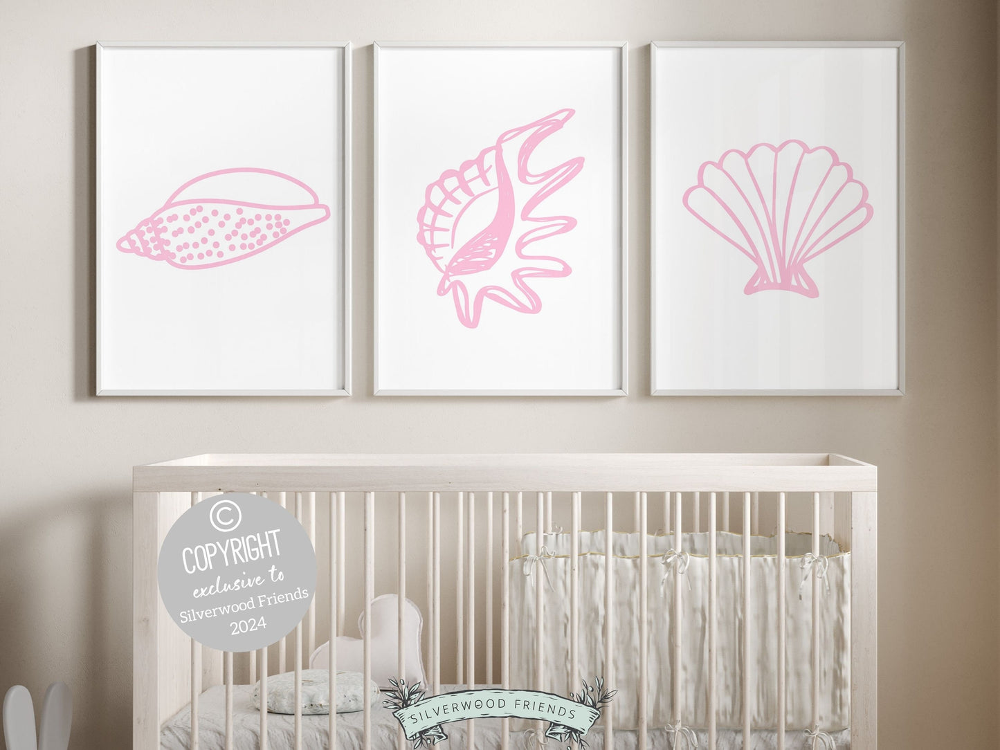 Pink Seashell Prints, Coastal Beachy Wall Art, Ocean Nursery Print, Baby Girl Nursery Wall Art, Beach House Girls Room Decor Digital Prints