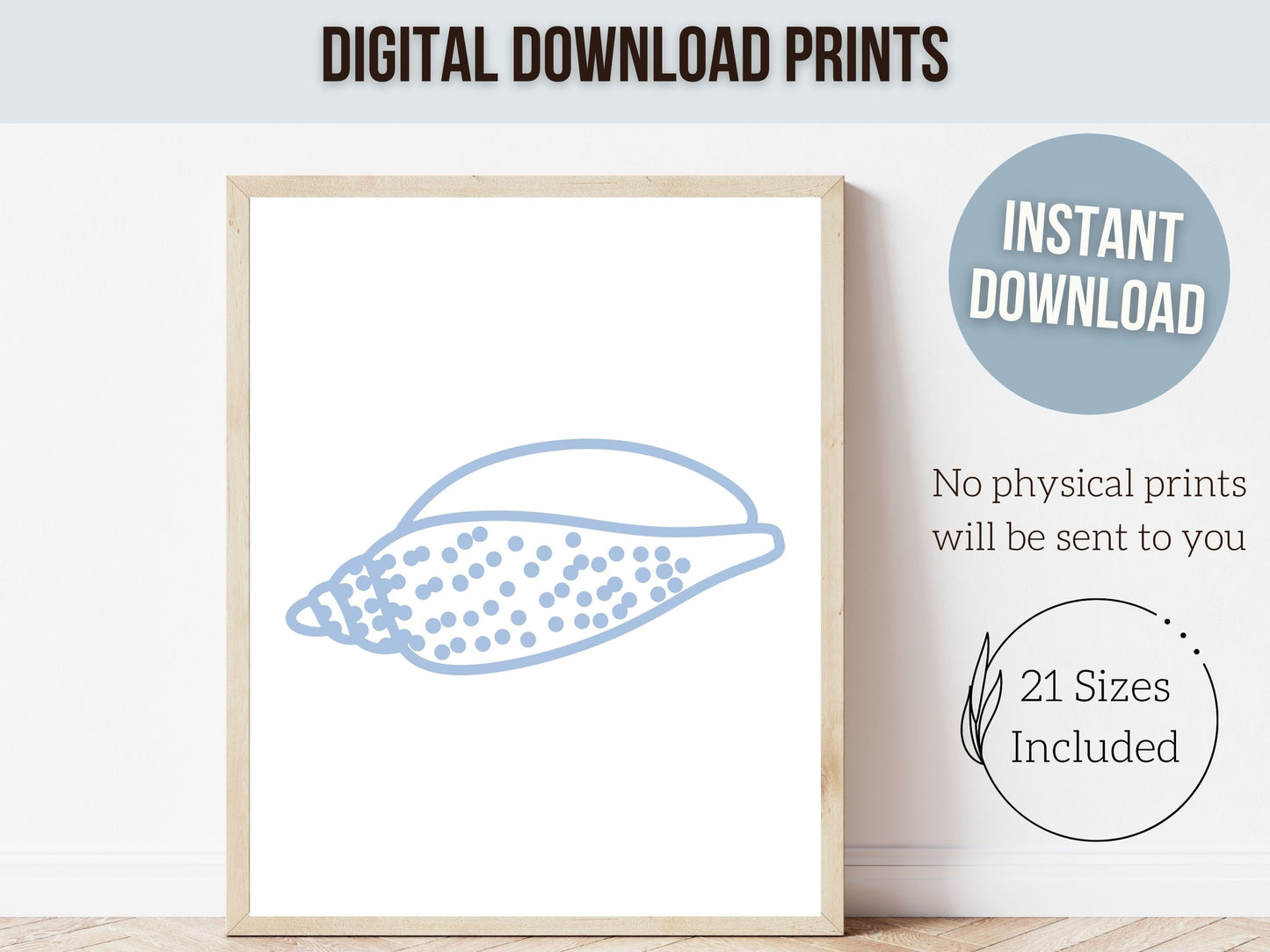 Blue Seashell Prints, Coastal Beachy Wall Art, Under The Sea Minimalist Nursery Wall Art,Beach House Kids Surf Room Wall Decor Digital Print