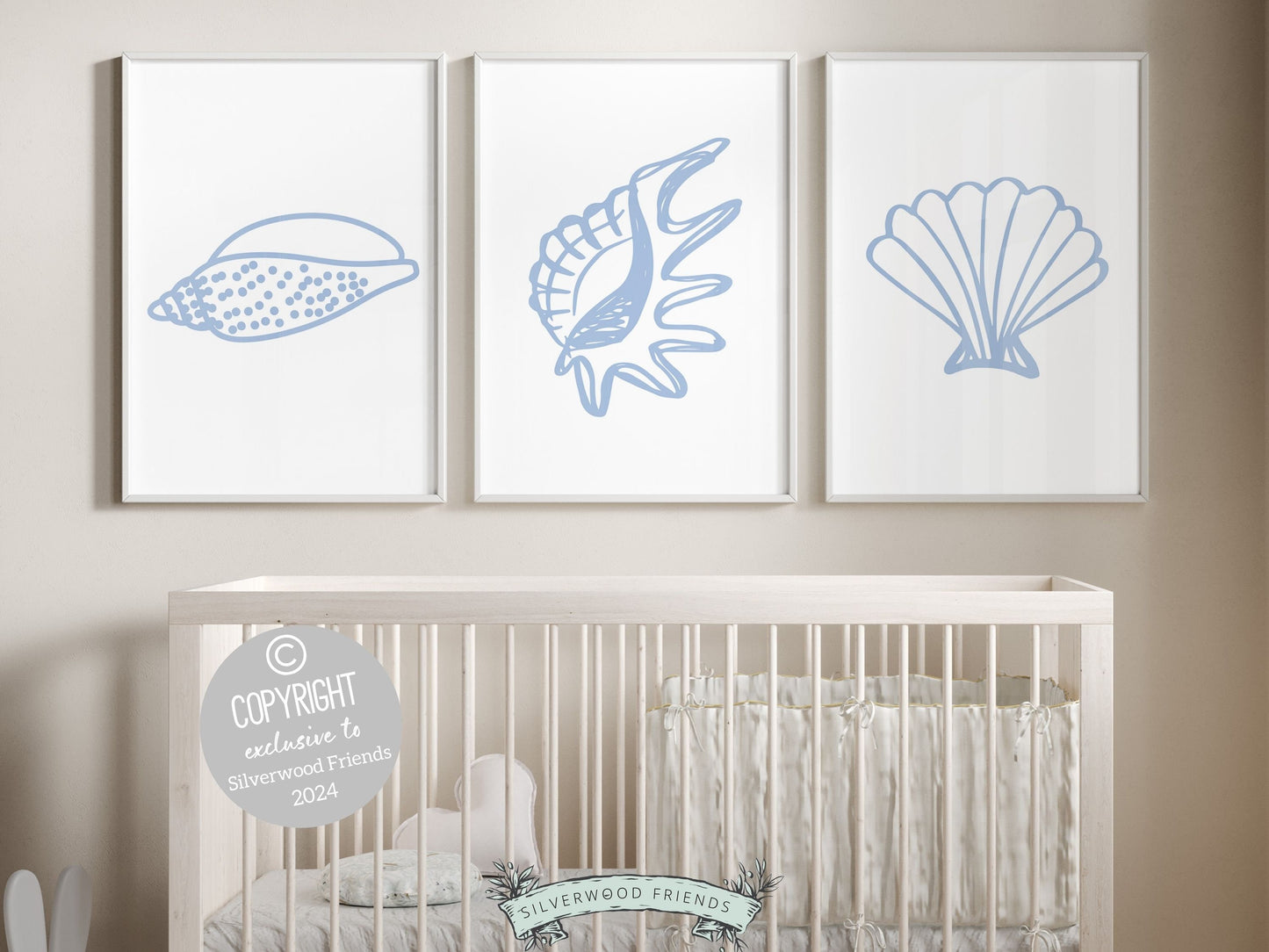 Blue Seashell Prints, Coastal Beachy Wall Art, Under The Sea Minimalist Nursery Wall Art,Beach House Kids Surf Room Wall Decor Digital Print