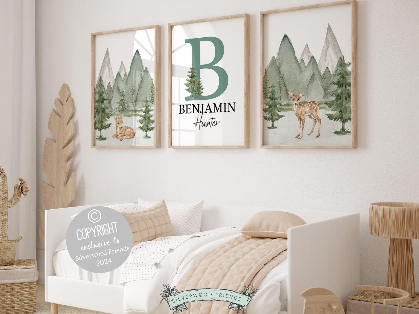 Woodland Forest Deer Nursery Print, Woodland Forest Deer Nursery Decor, Custom Baby Name Sign Personalised Mountain Nursery Digital Prints