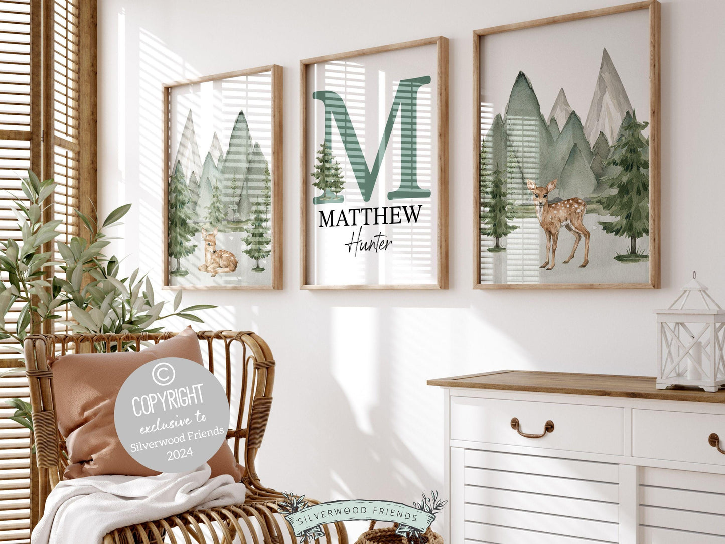 Woodland Forest Deer Nursery Print, Woodland Forest Deer Nursery Decor, Custom Baby Name Sign Personalised Mountain Nursery Digital Prints