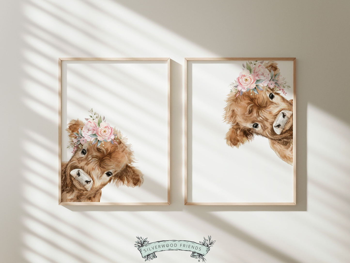 Peeking Highland Cow Nursery Print Set of 2, Highland Cow Nursery Decor, Watercolor Highland Cow Gift Kids Farm Bedroom Decor Digital Print
