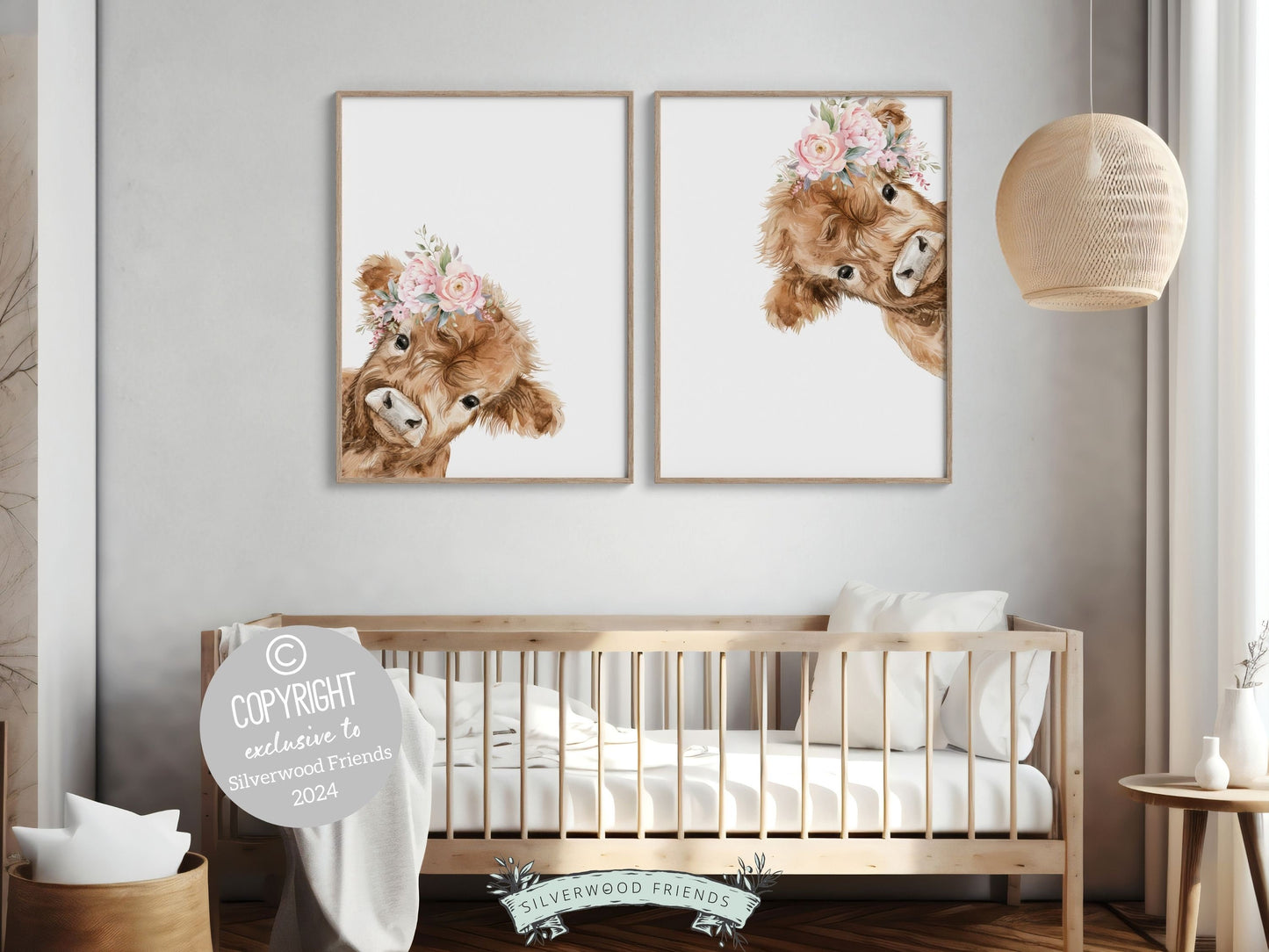 Peeking Highland Cow Nursery Print Set of 2, Highland Cow Nursery Decor, Watercolor Highland Cow Gift Kids Farm Bedroom Decor Digital Print