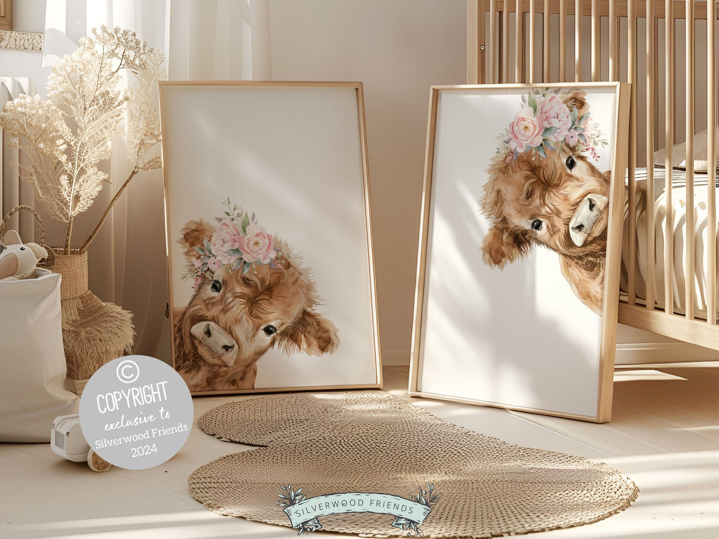 Set of 2 Peeking Highland Cow Nursery Prints features adorable watercolor peeking baby highland cows with pink floral crowns, set on a white background and is perfect for your baby girls farm nursery decor or as a unique farm baby shower gift.