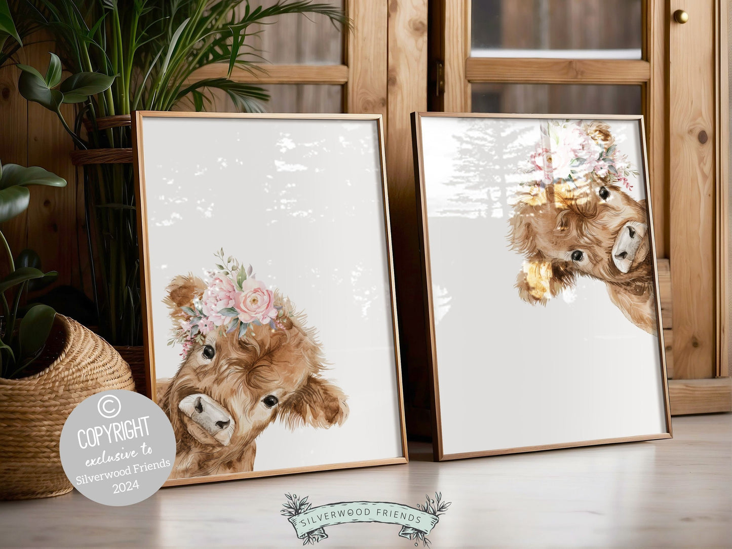 Peeking Highland Cow Nursery Print Set of 2, Highland Cow Nursery Decor, Watercolor Highland Cow Gift Kids Farm Bedroom Decor Digital Print